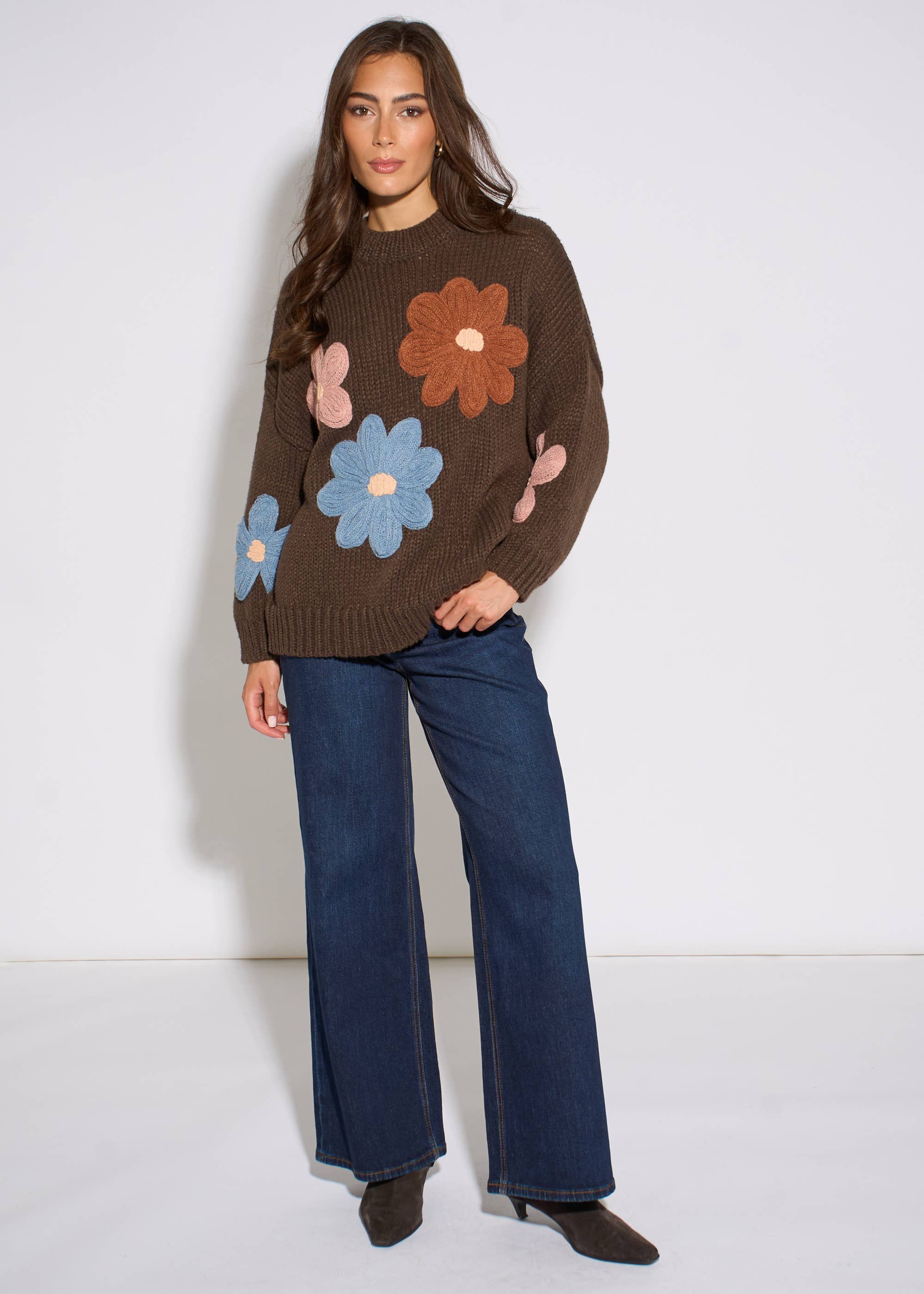 Brown 3D Floral Turtle Neck Knit Jumper