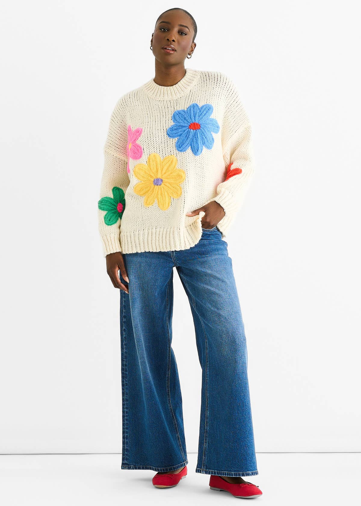 Cream Floral Crochet Chunky Knit Oversized Jumper – View 2 | Gini London