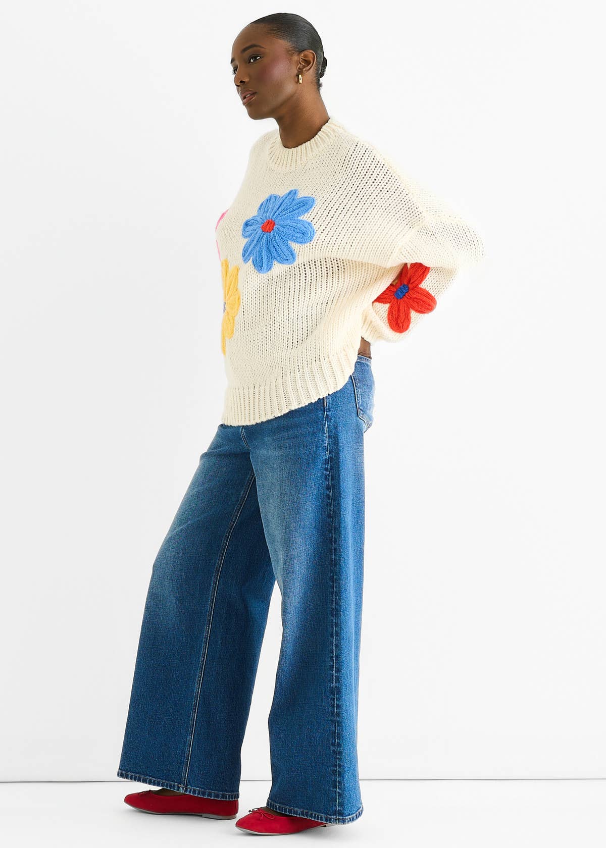 Cream Floral Crochet Chunky Knit Oversized Jumper – View 3 | Gini London