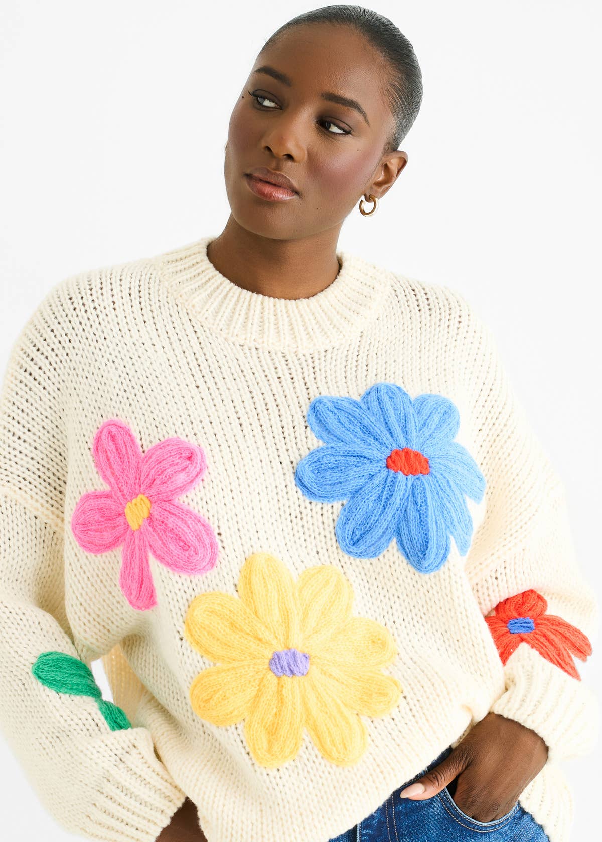 Cream Floral Crochet Chunky Knit Oversized Jumper – View 1 | Gini London