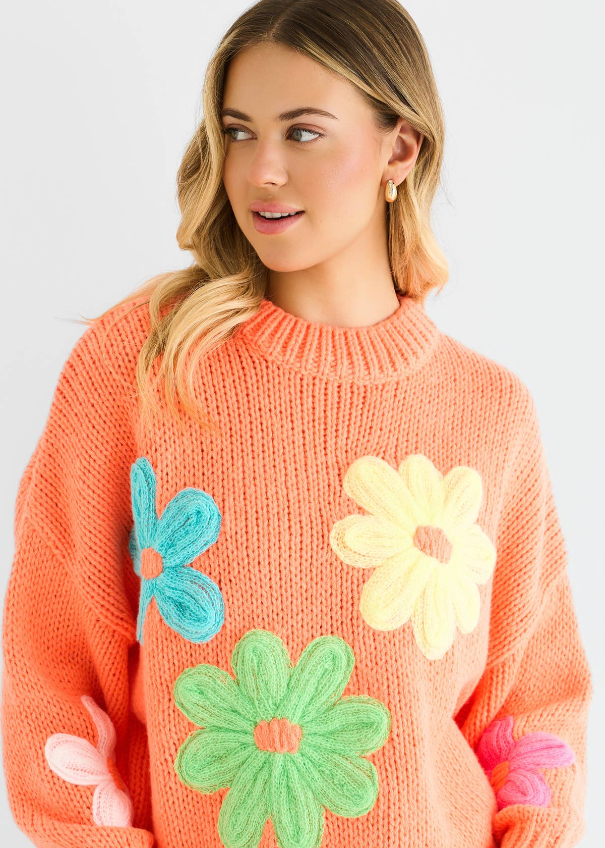 Orange Floral Crochet Chunky Knit Oversized Jumper – View 1 | Gini London