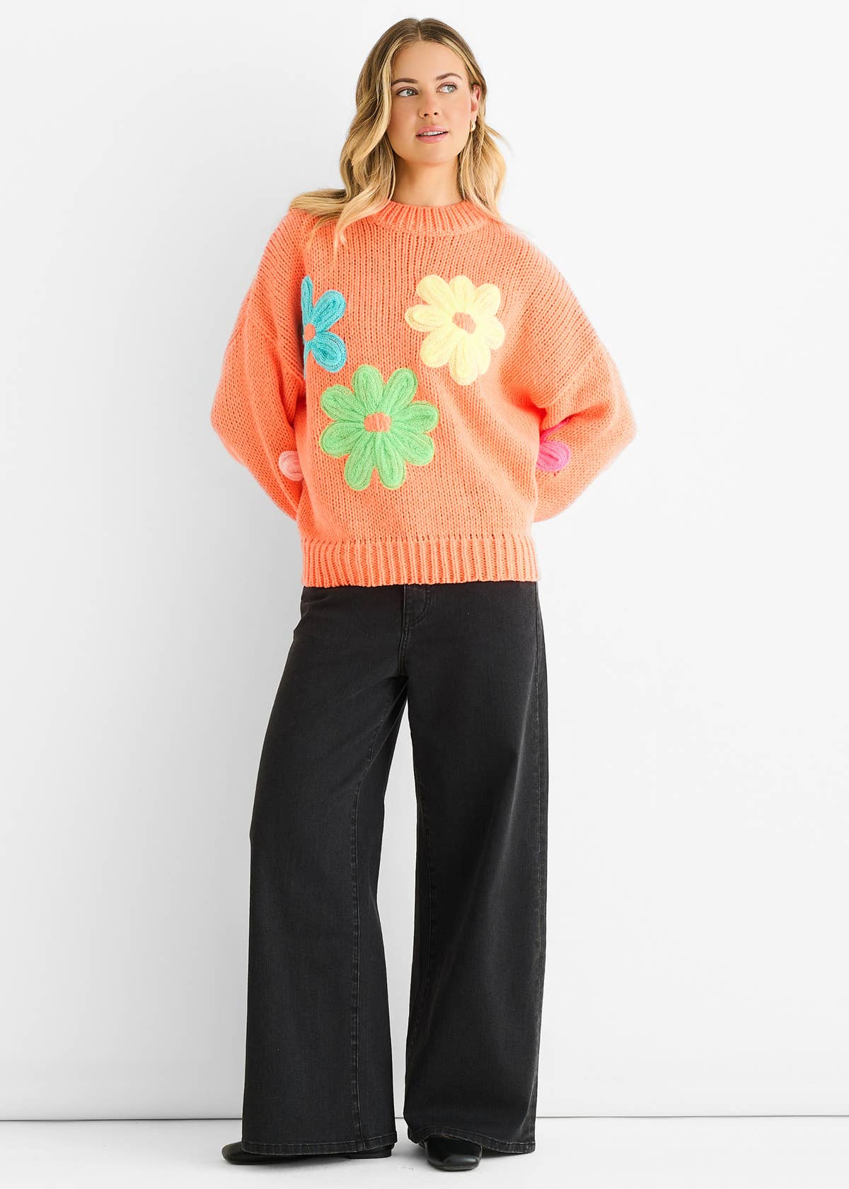 Orange Floral Crochet Chunky Knit Oversized Jumper – View 2 | Gini London