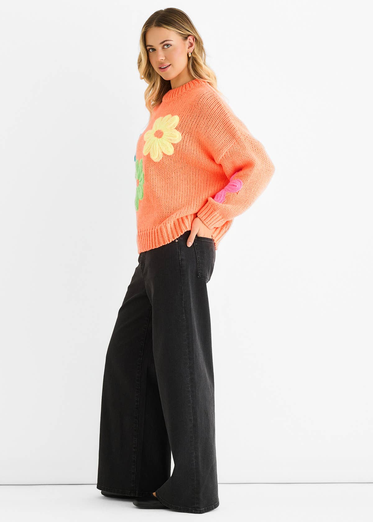 Orange Floral Crochet Chunky Knit Oversized Jumper – View 3 | Gini London