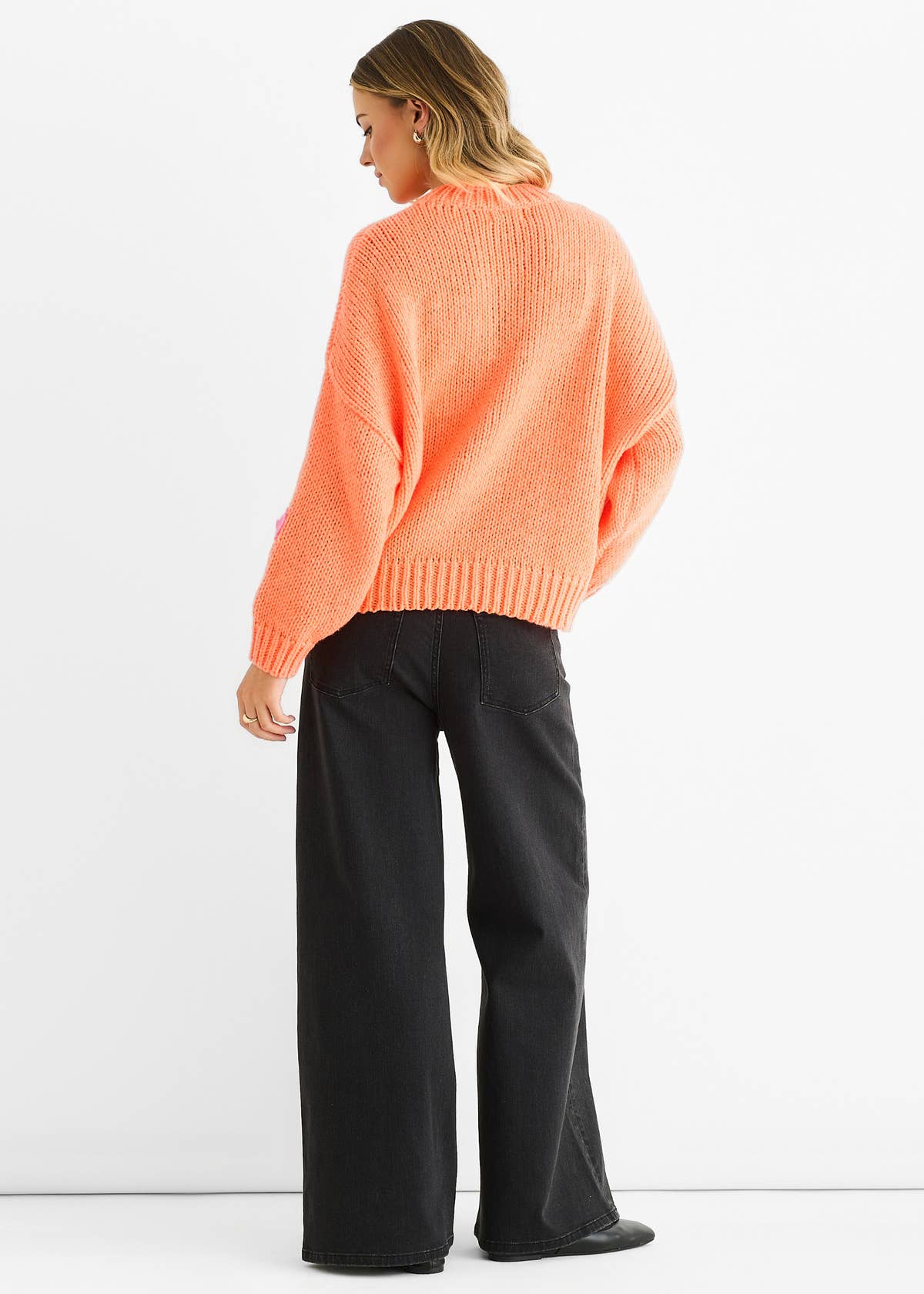 Orange Floral Crochet Chunky Knit Oversized Jumper – View 4 | Gini London