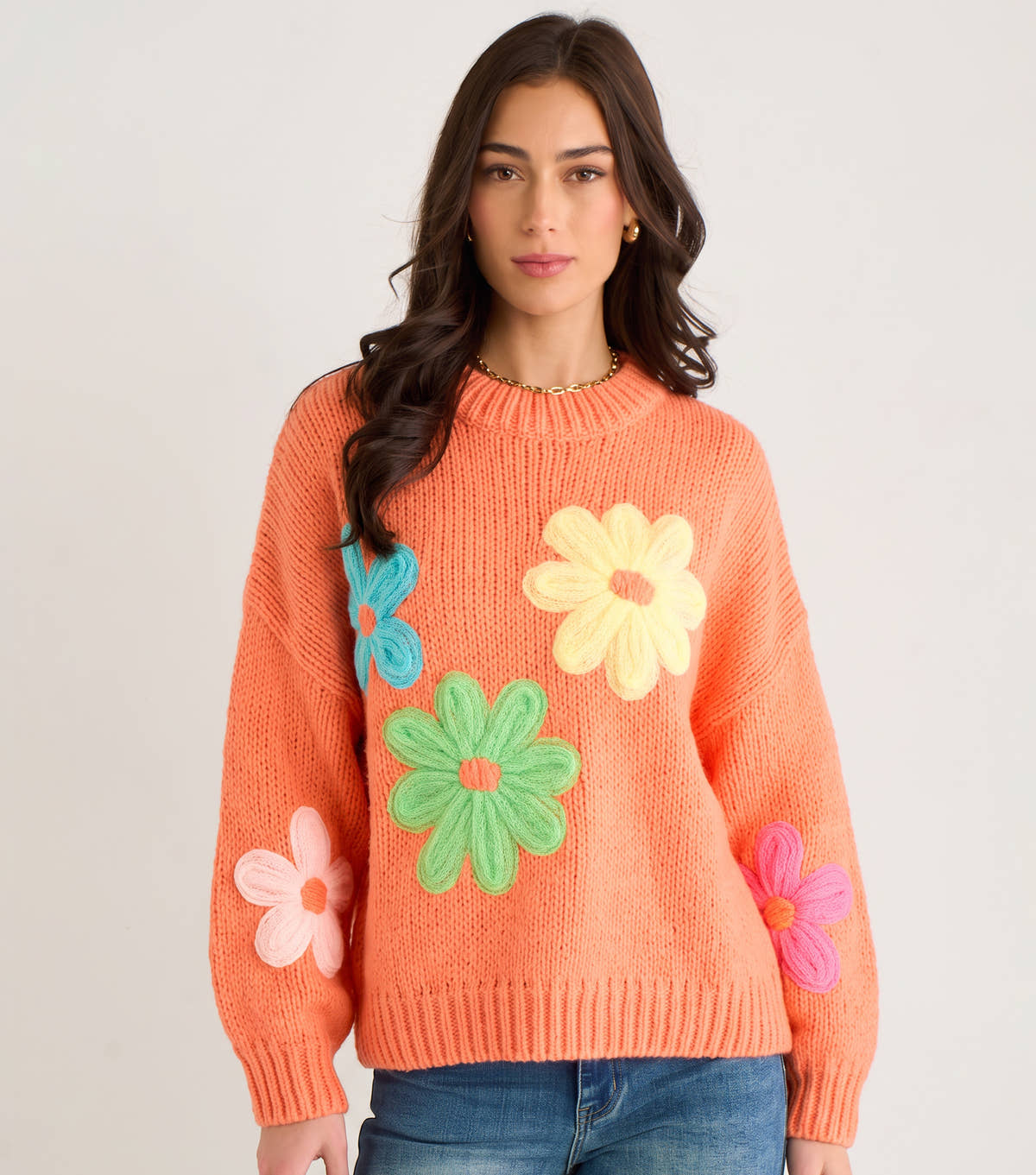 Orange Floral Crochet Chunky Knit Oversized Jumper