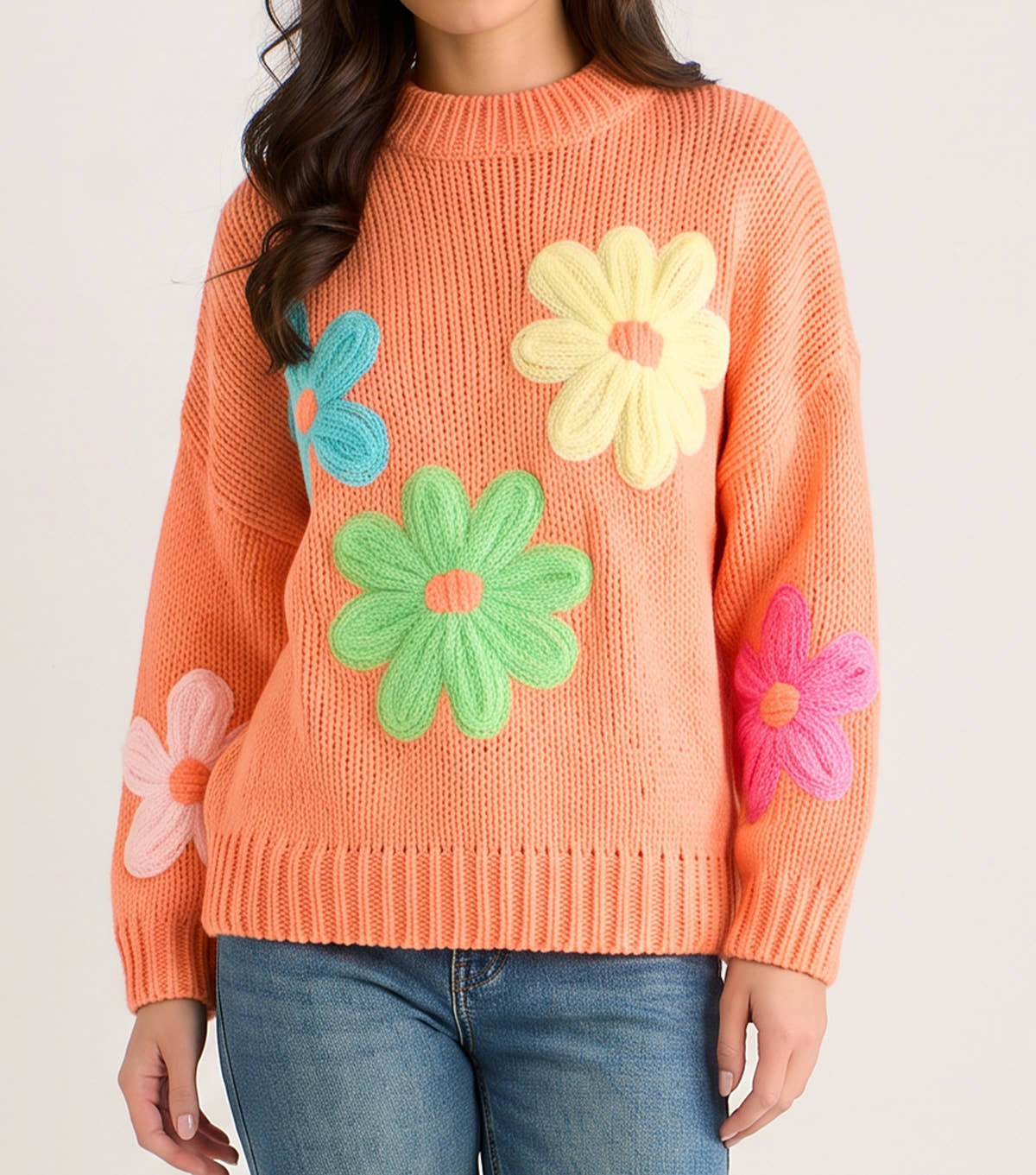 Orange Floral Crochet Chunky Knit Oversized Jumper