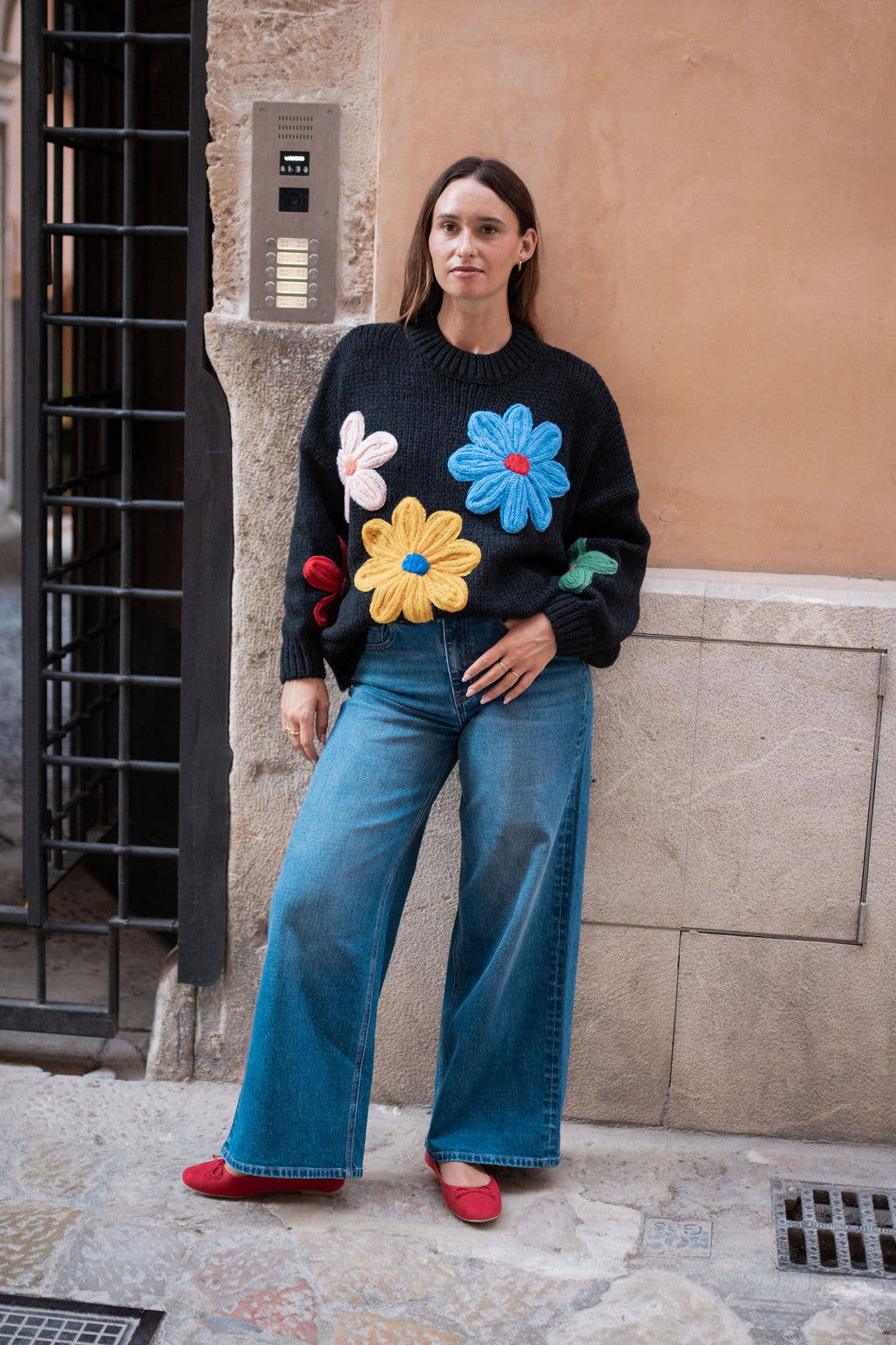 Black Floral Crochet Chunky Knit Oversized Jumper – View 1 | Gini London