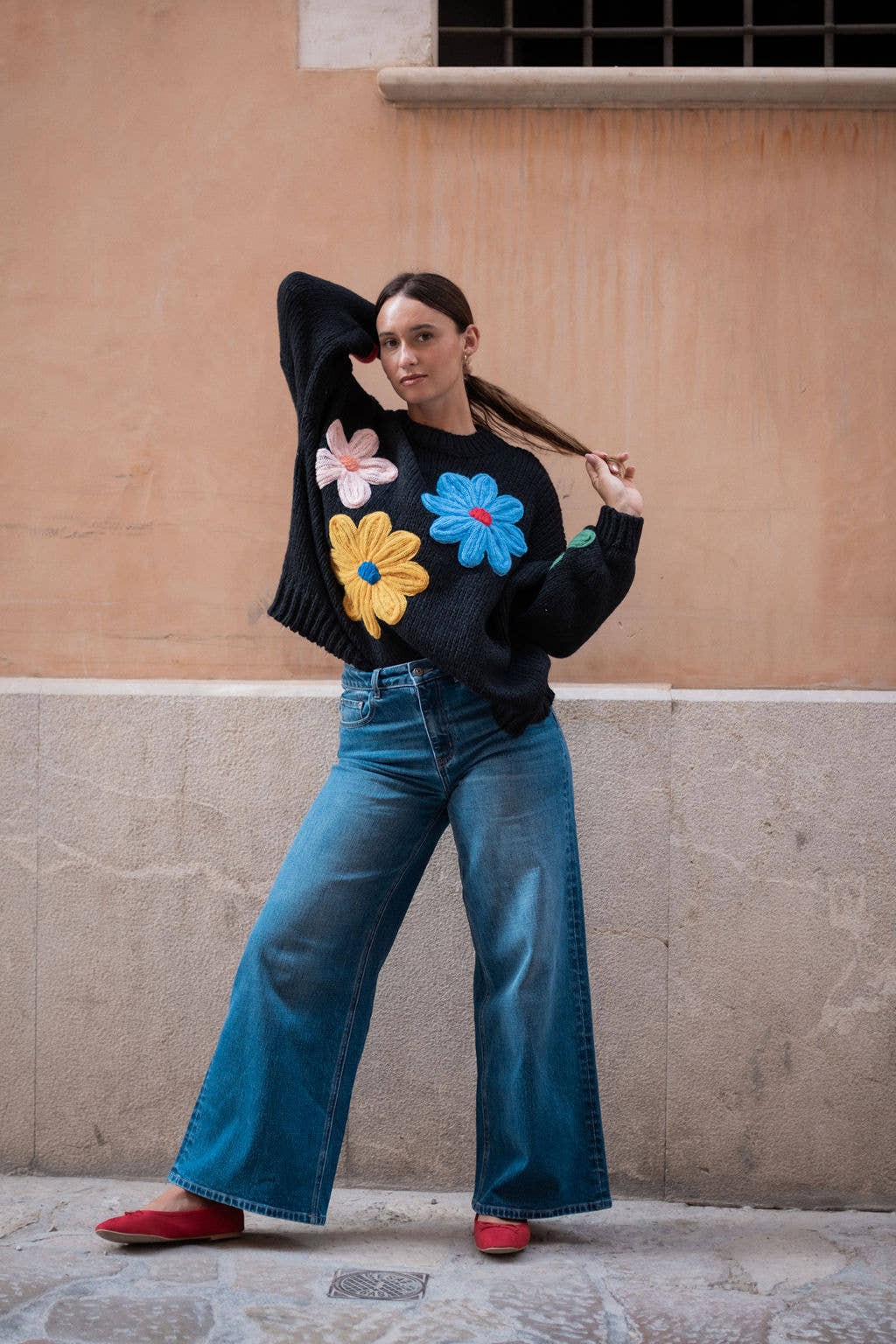 Black Floral Crochet Chunky Knit Oversized Jumper – View 2 | Gini London