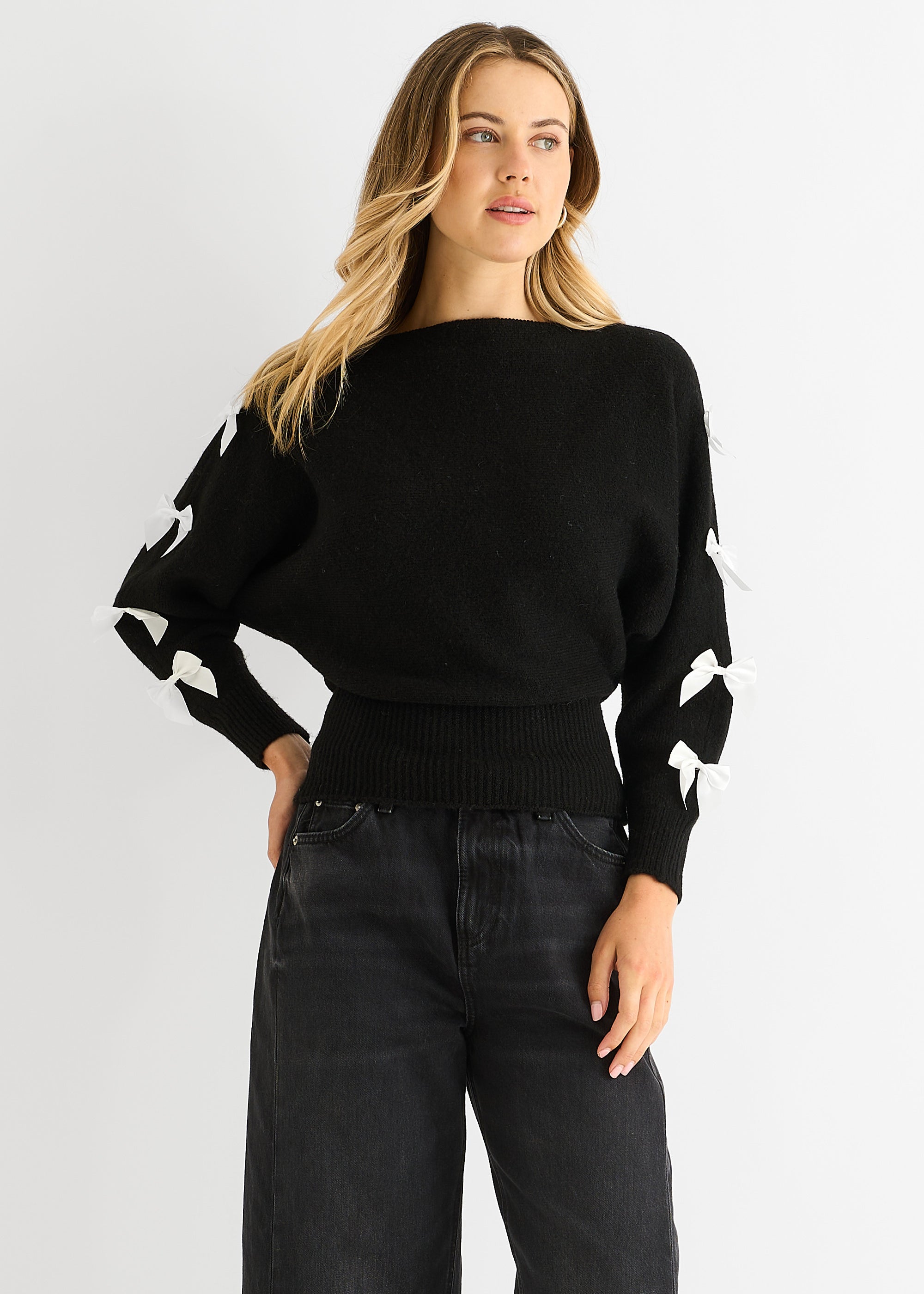 Slash Neck Crop Bow Knit Jumper