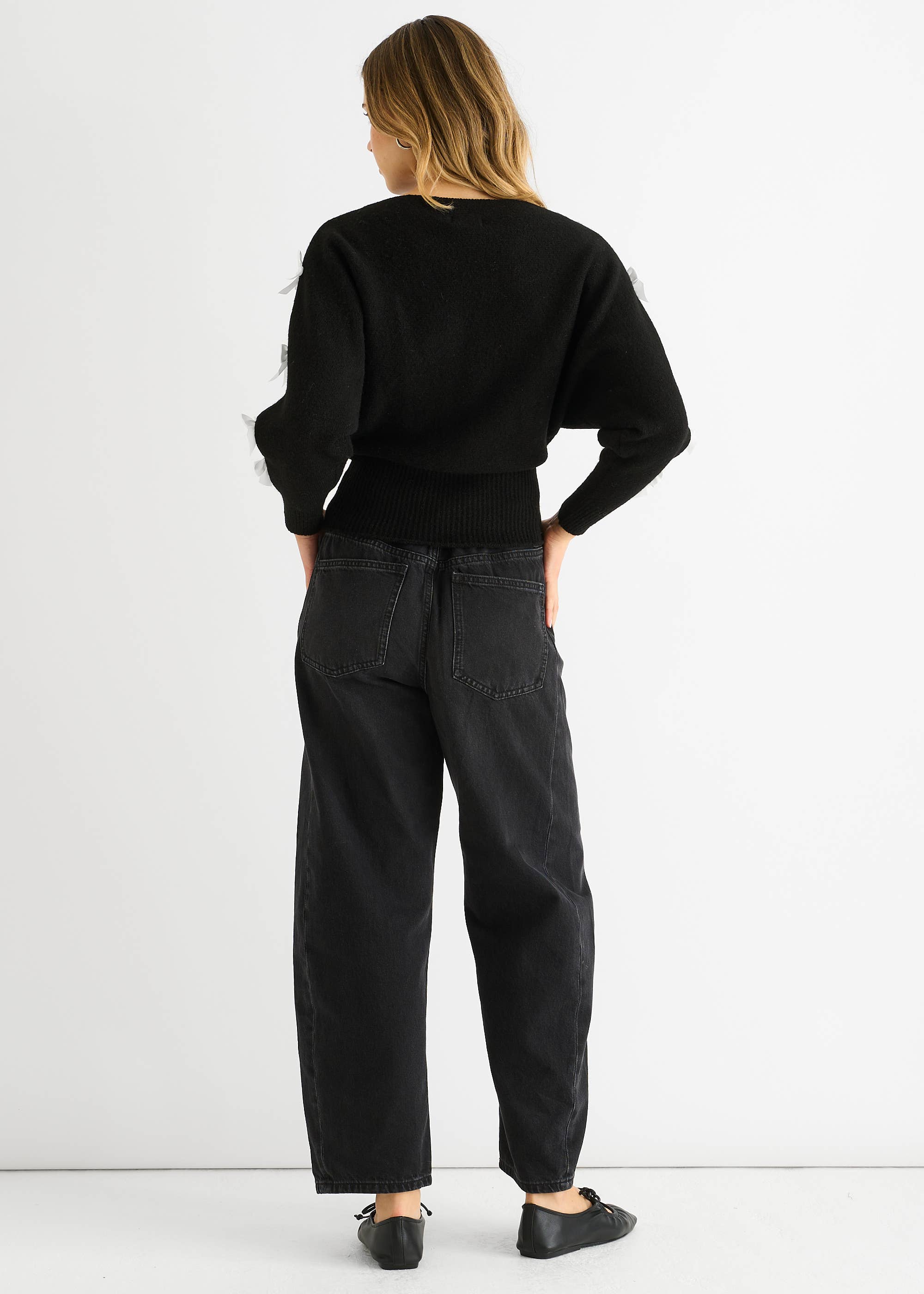 Black Slash Neck Crop Bow Knit Jumper