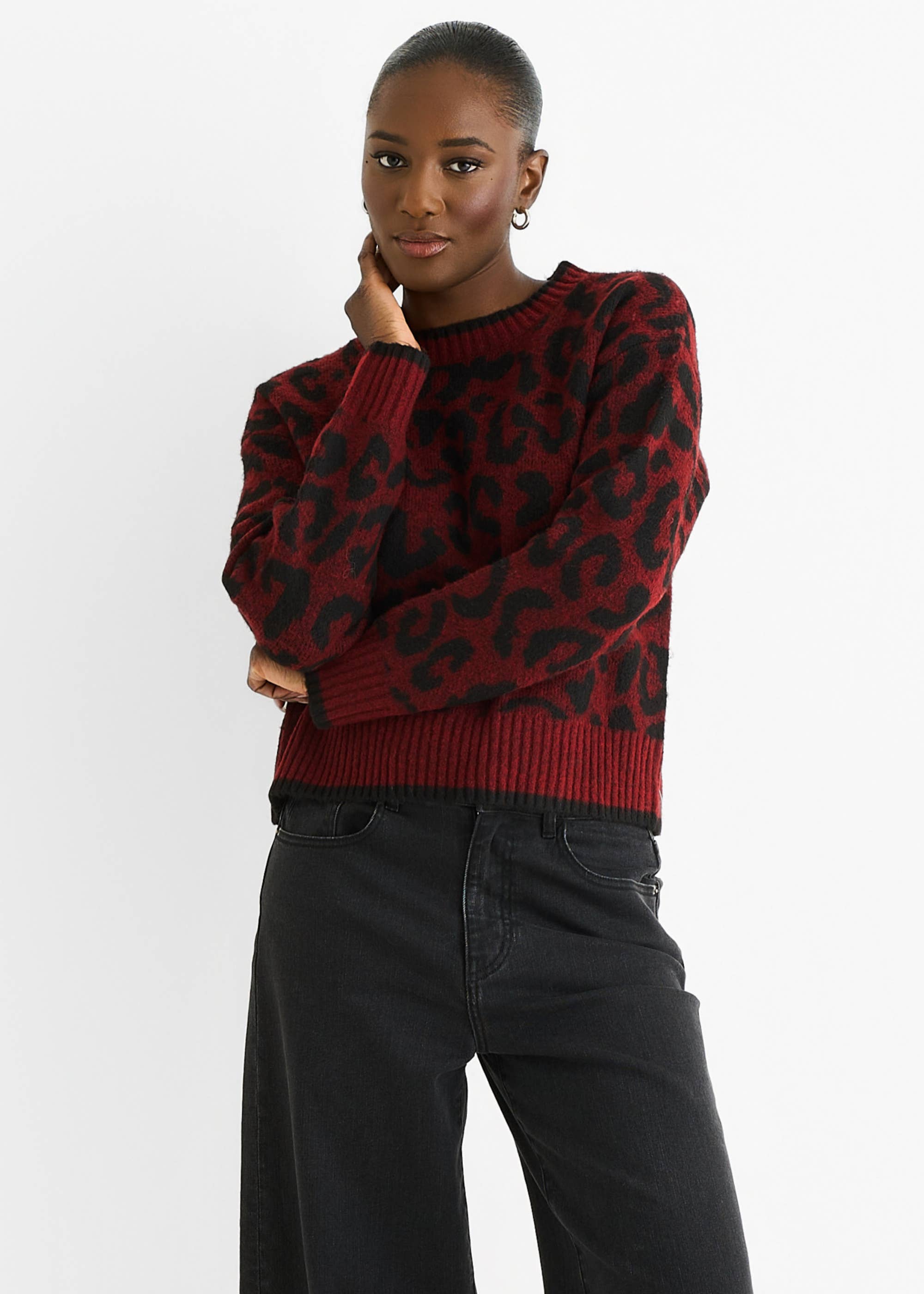 Burgundy Contrast Piping Animal Knit Jumper