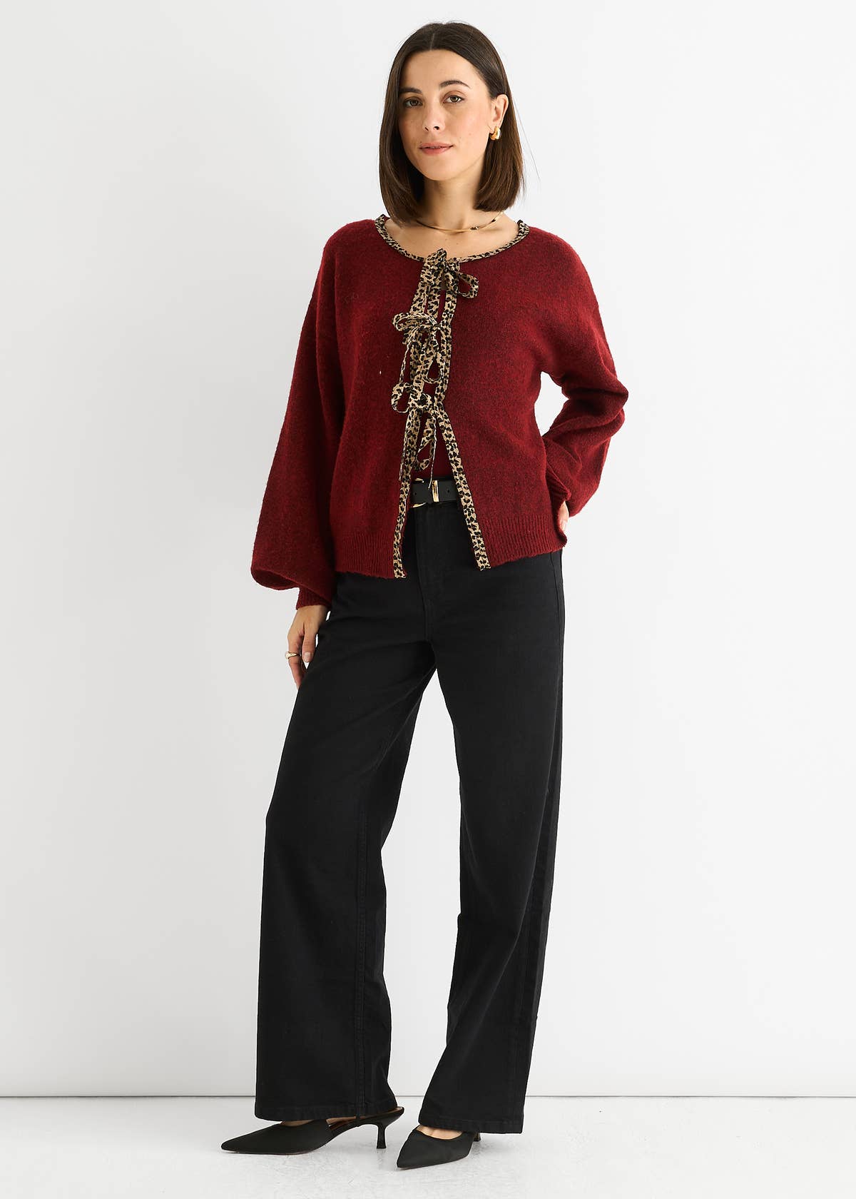 Burgundy Contrast Animal Tie Oversized Knit Cardigan – View 1 | Gini London