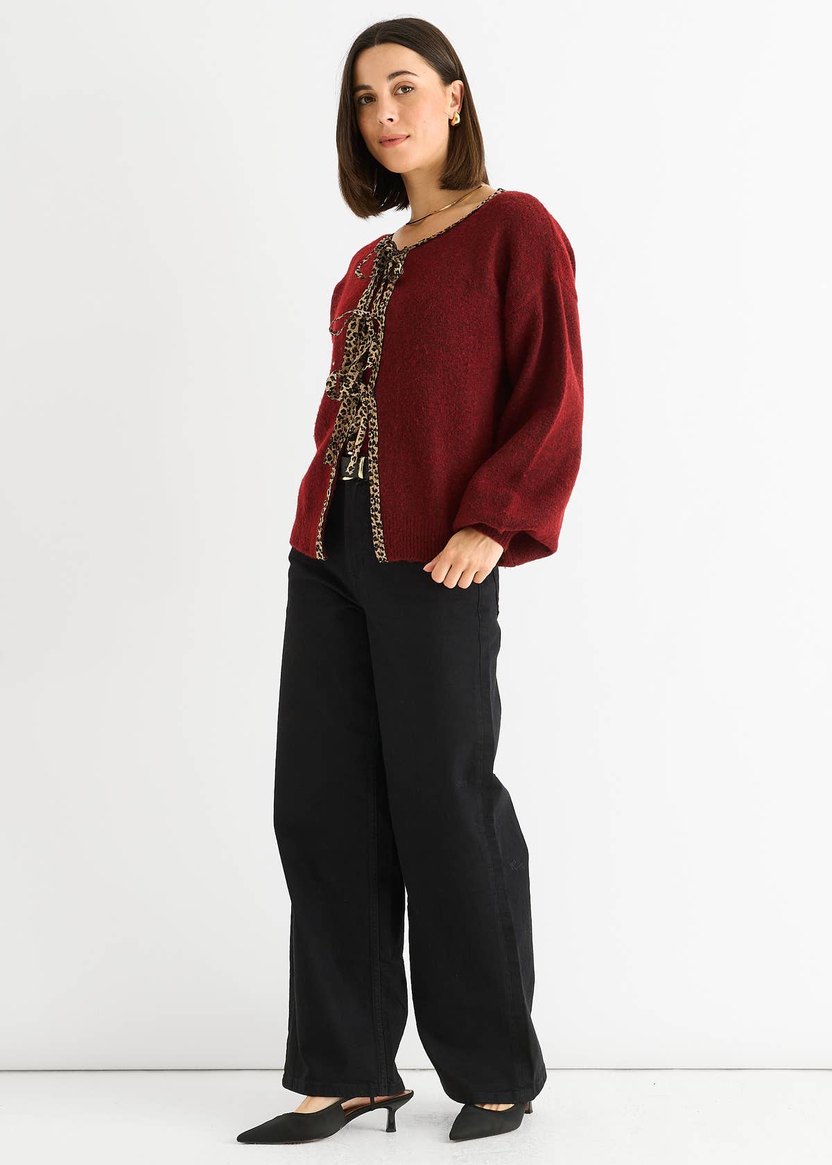 Burgundy Contrast Animal Tie Oversized Knit Cardigan – View 3 | Gini London