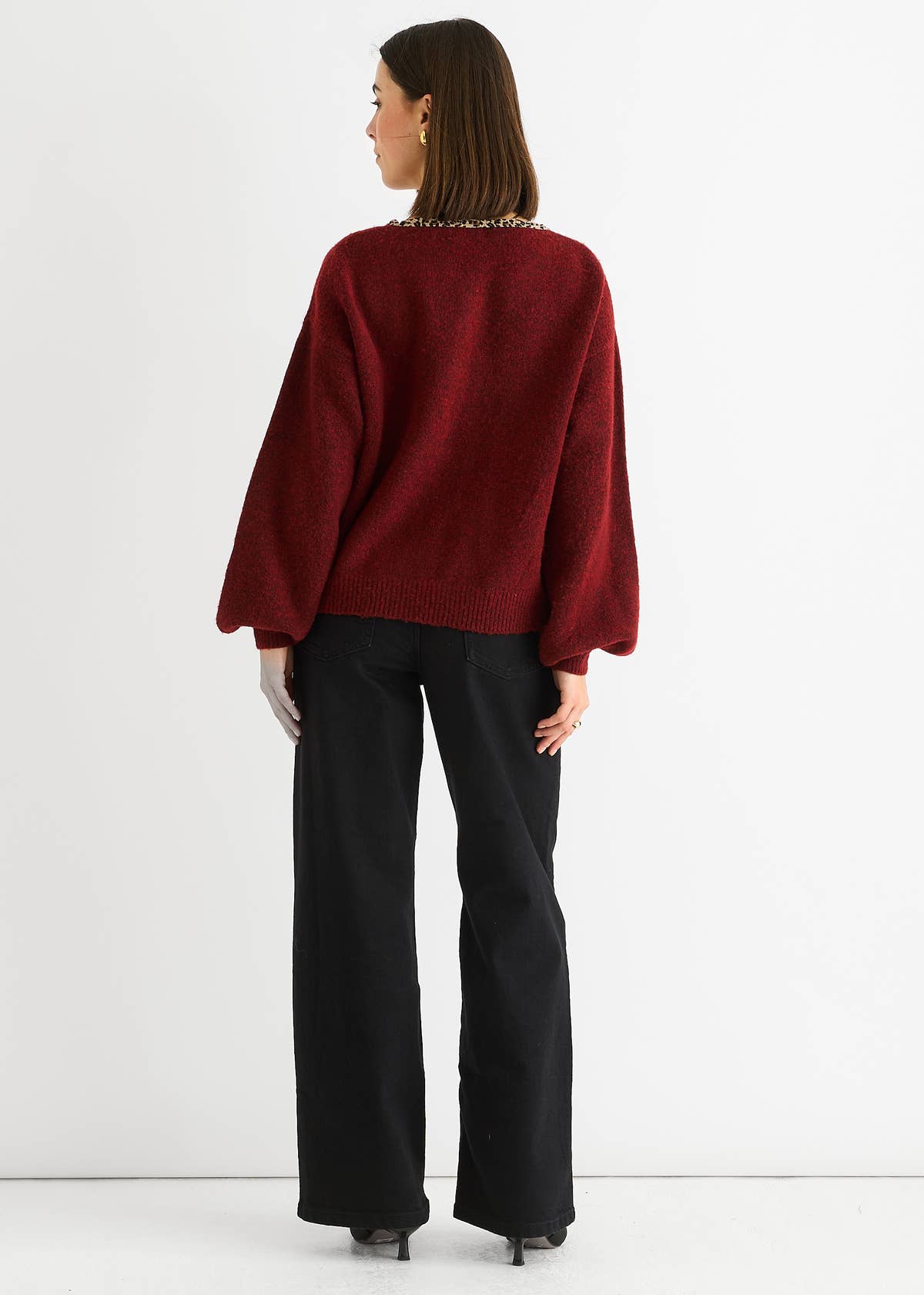 Burgundy Contrast Animal Tie Oversized Knit Cardigan – View 4 | Gini London