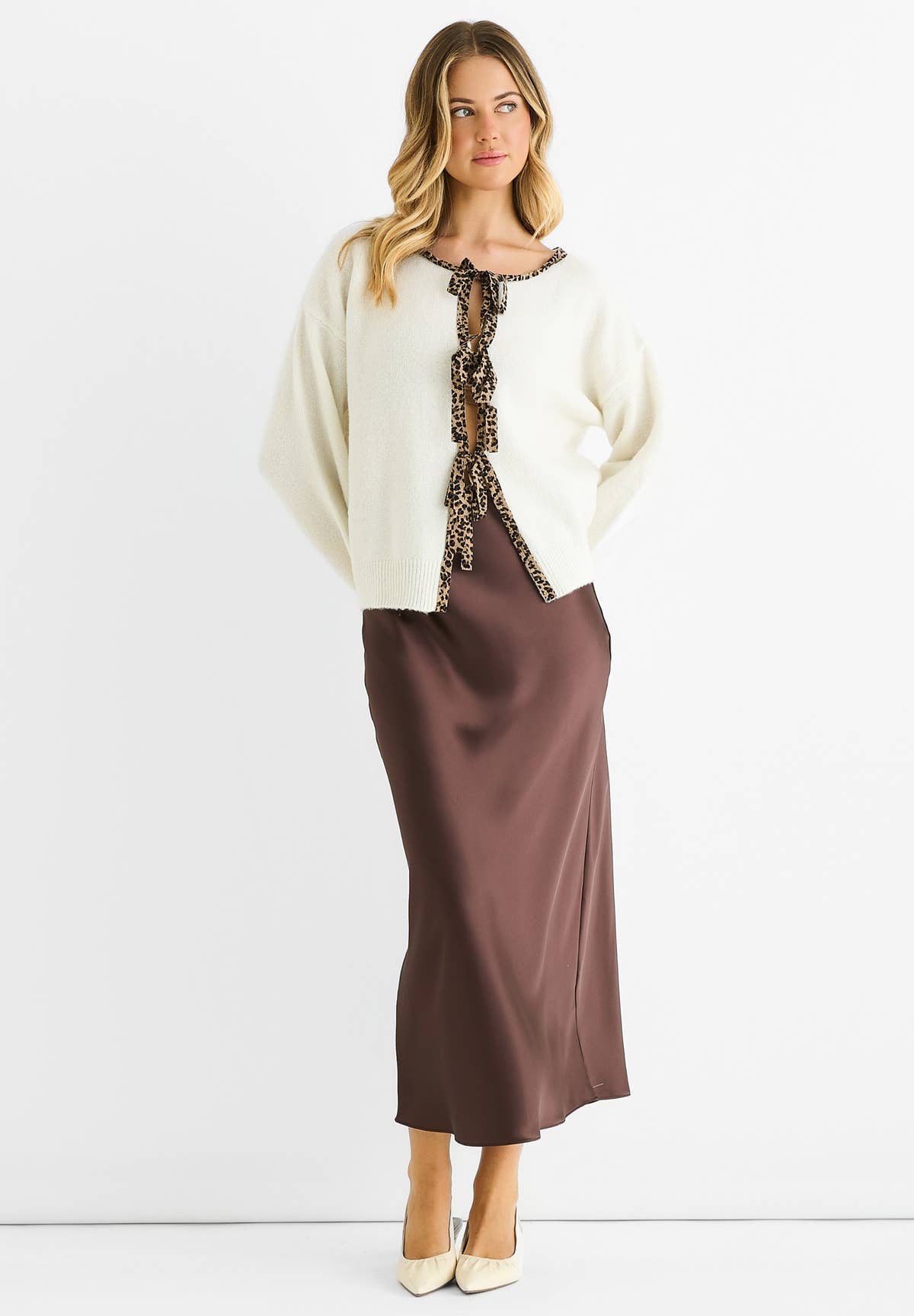 Cream Contrast Animal Tie Oversized Knit Cardigan – View 2 | Gini London