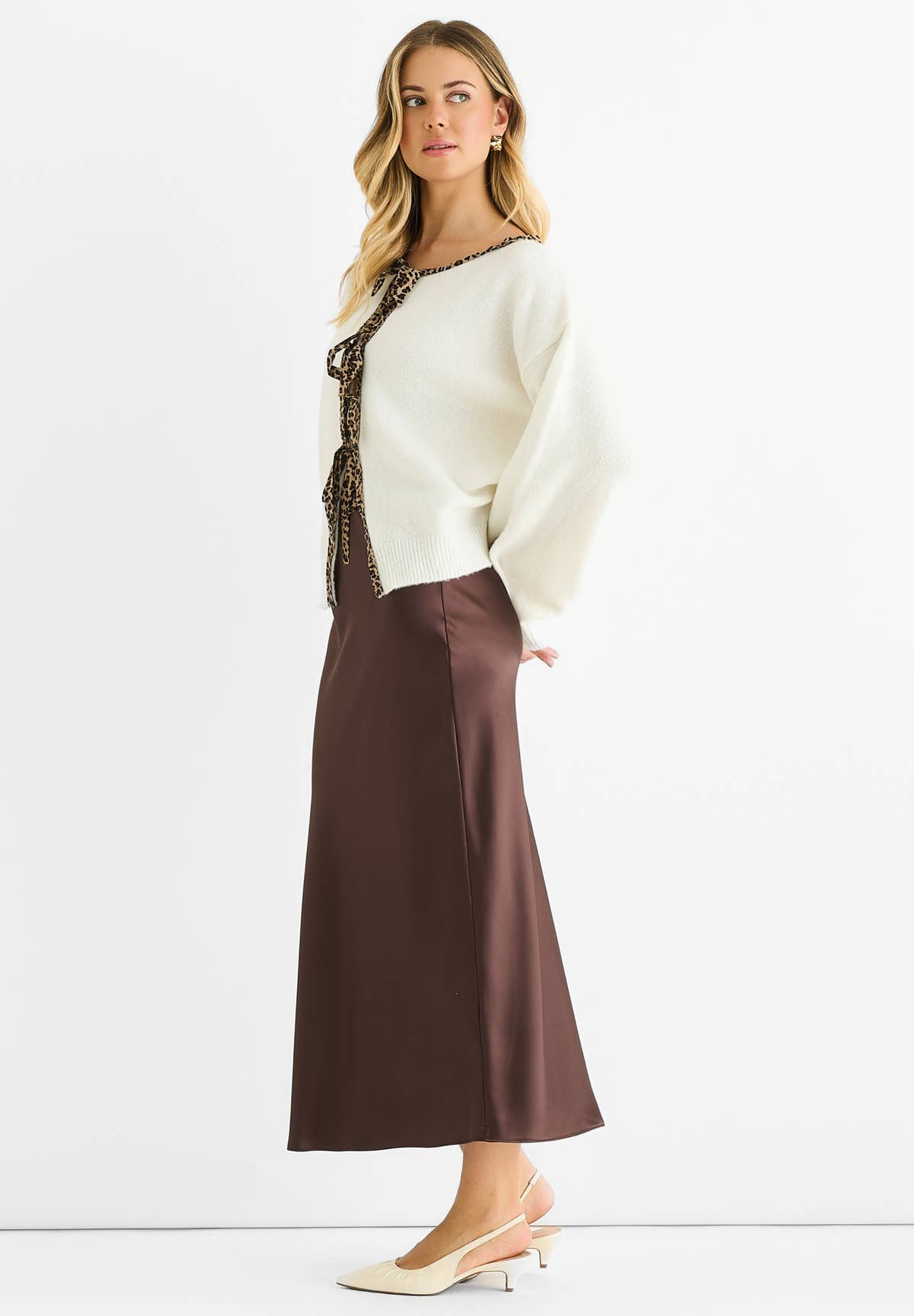 Cream Contrast Animal Tie Oversized Knit Cardigan – View 3 | Gini London