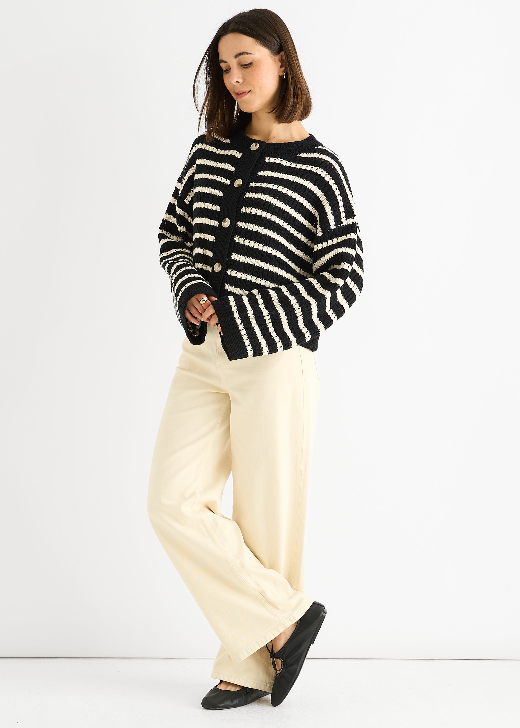 Stripe Cable Knit Crop Cardigan