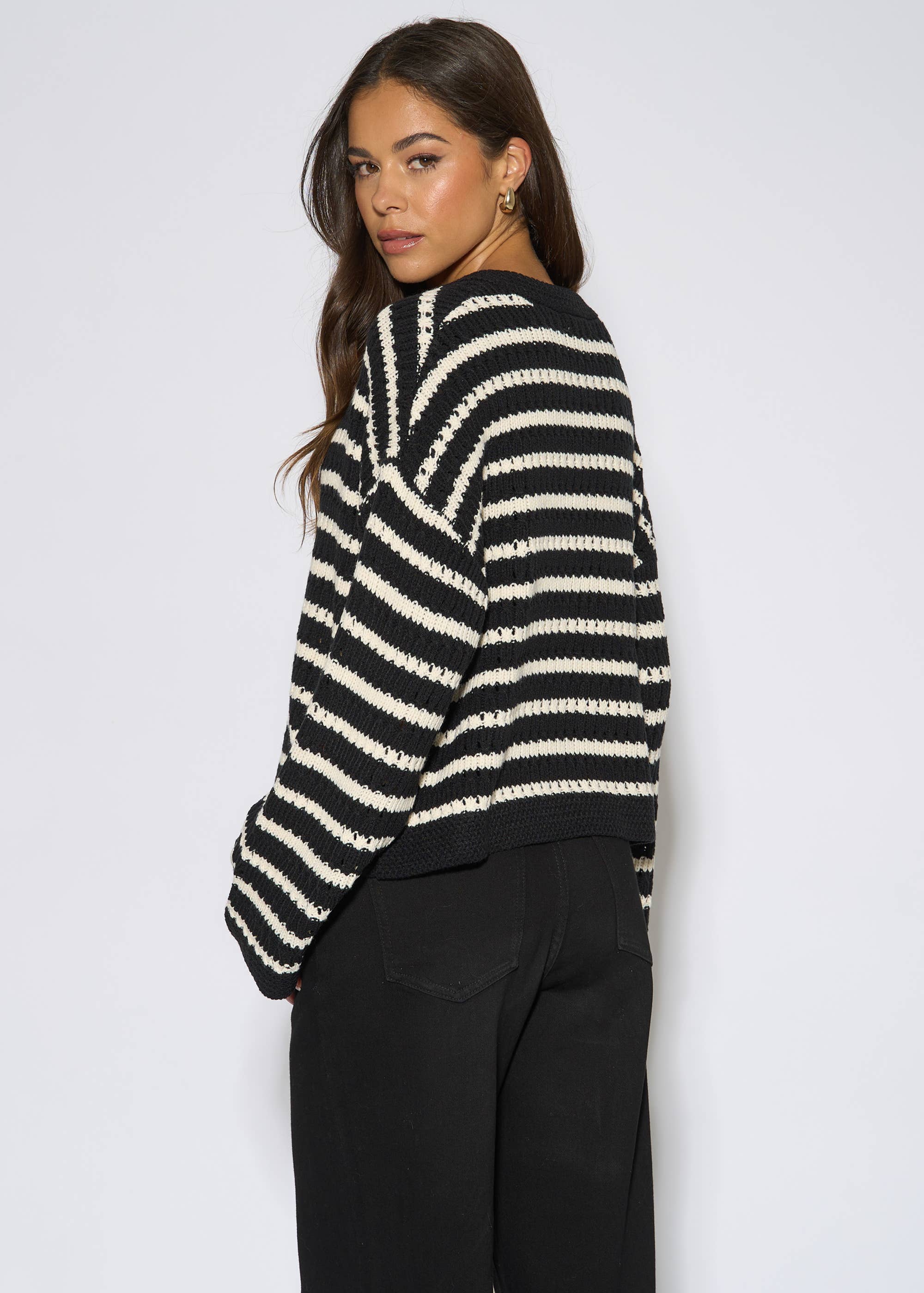 Black Stripe Cable Knit Crop Cardigan