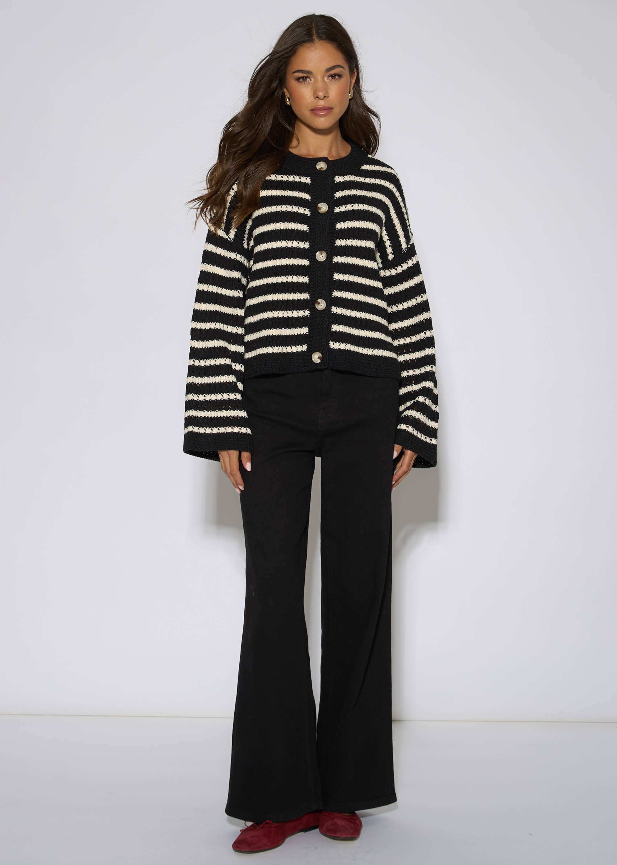 Black Stripe Cable Knit Crop Cardigan