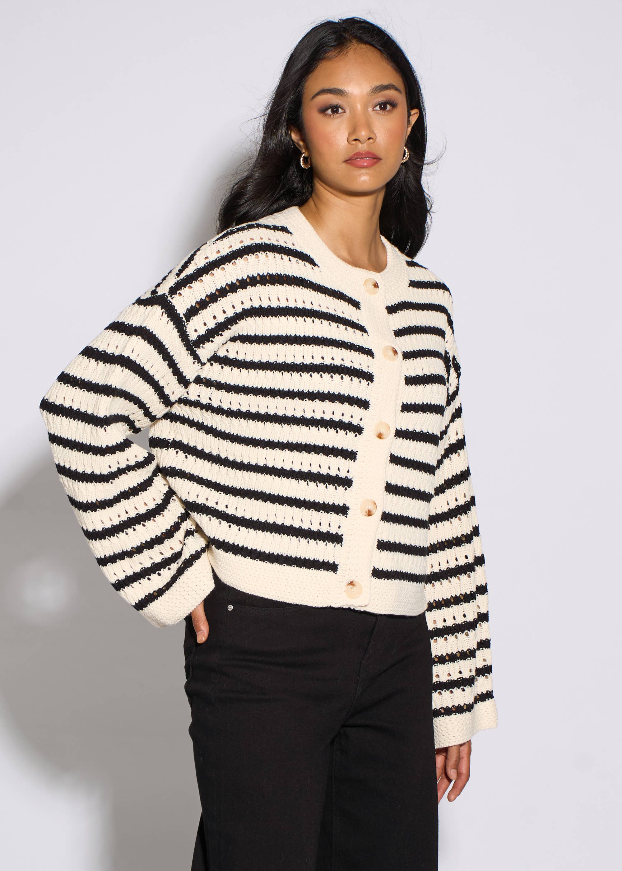 Cream Stripe Cable Knit Crop Cardigan
