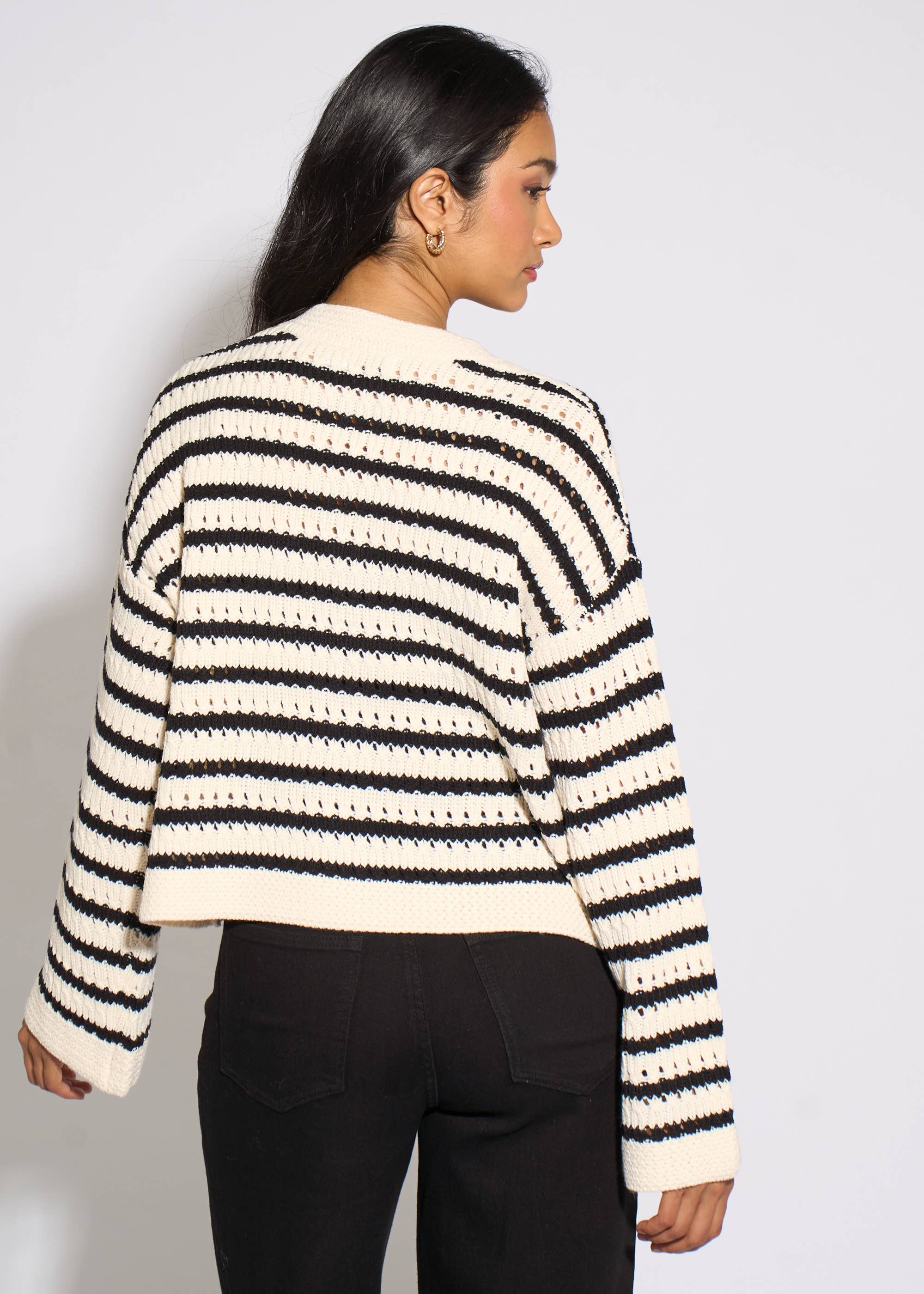 Cream Stripe Cable Knit Crop Cardigan