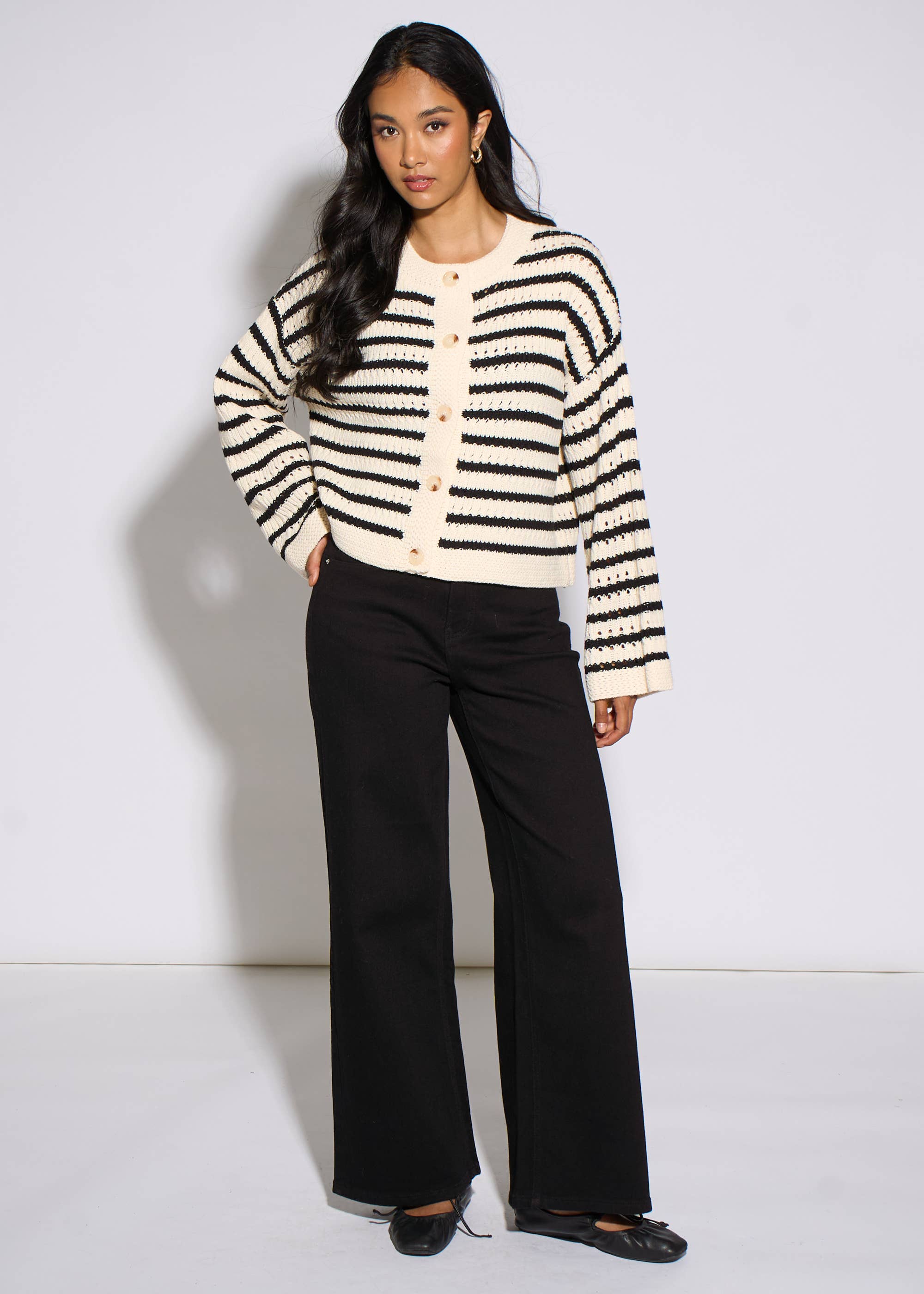 Cream Stripe Cable Knit Crop Cardigan