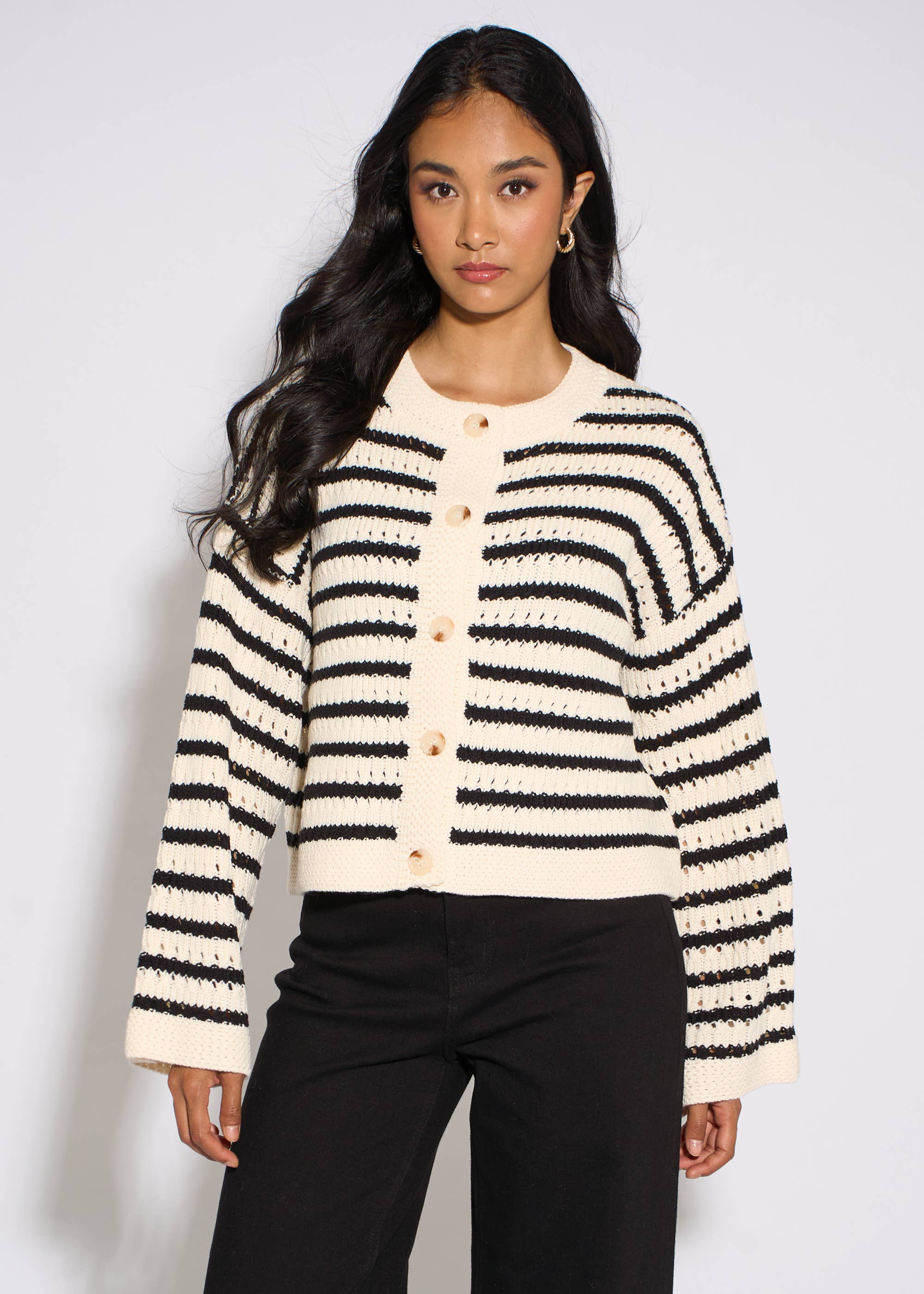 Cream Stripe Cable Knit Crop Cardigan