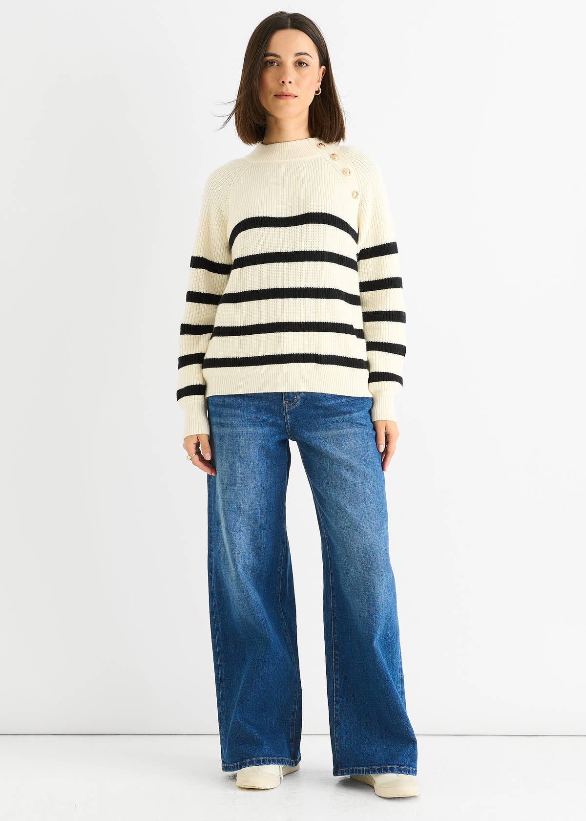 Cream Stripe Cable Knit Button Oversized Jumper – View 1 | Gini London