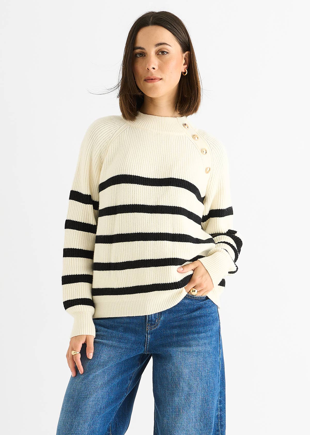 Cream Stripe Cable Knit Button Oversized Jumper – View 3 | Gini London