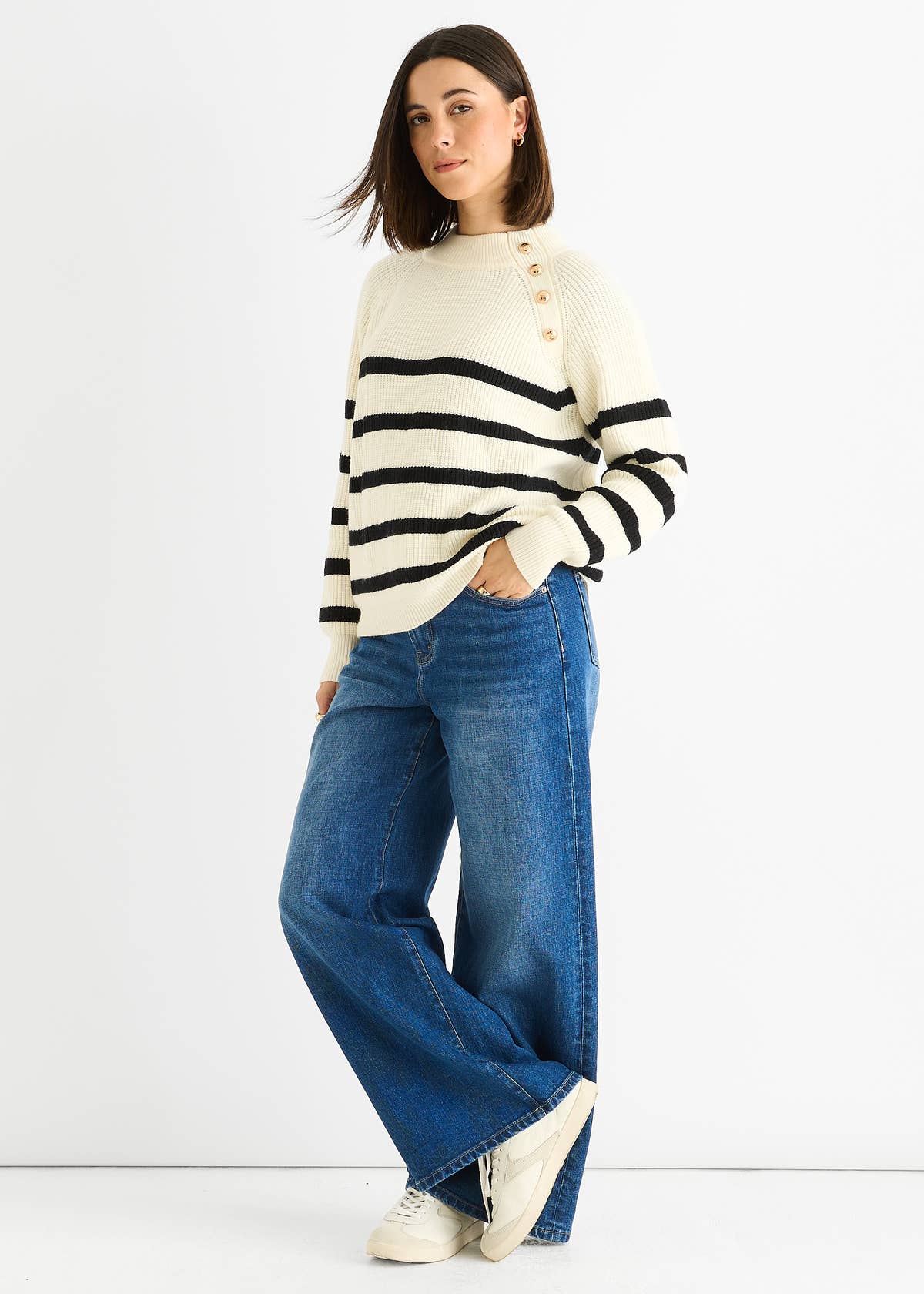 Cream Stripe Cable Knit Button Oversized Jumper – View 4 | Gini London