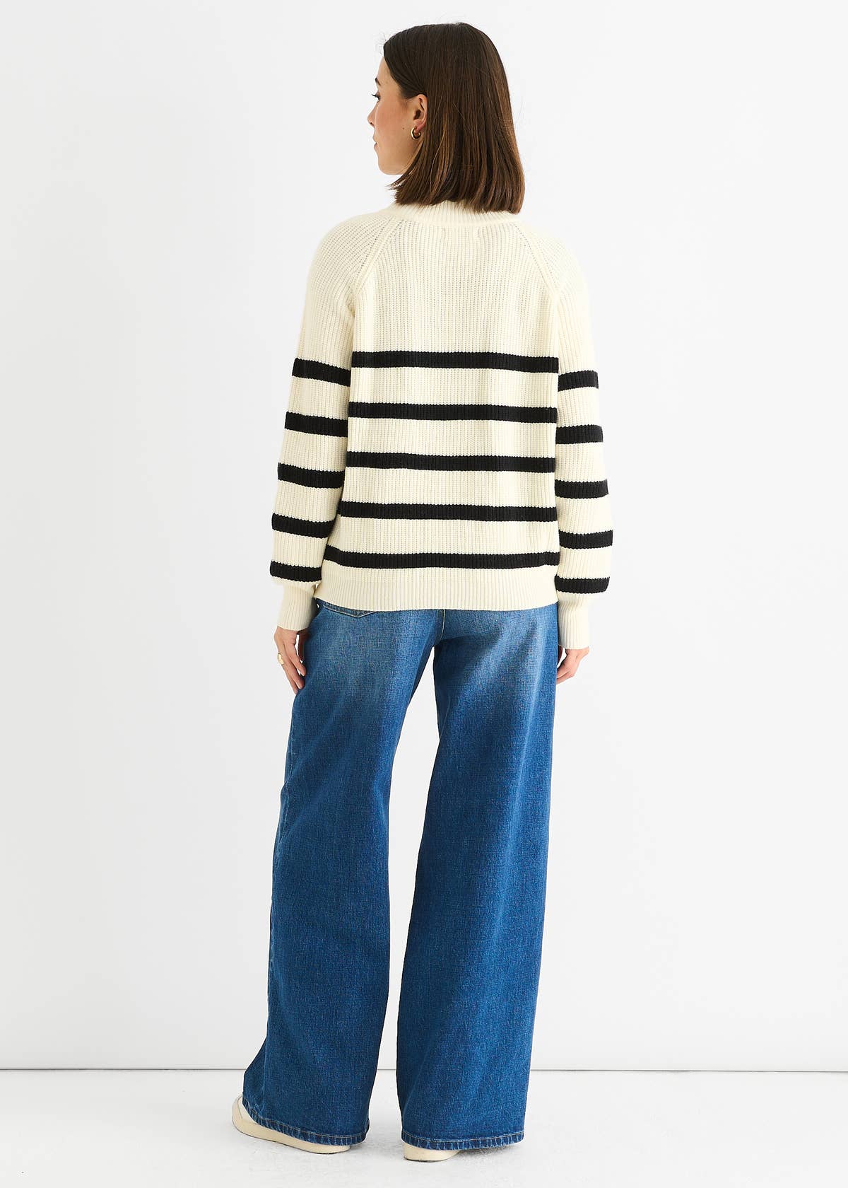 Cream Stripe Cable Knit Button Oversized Jumper – View 2 | Gini London