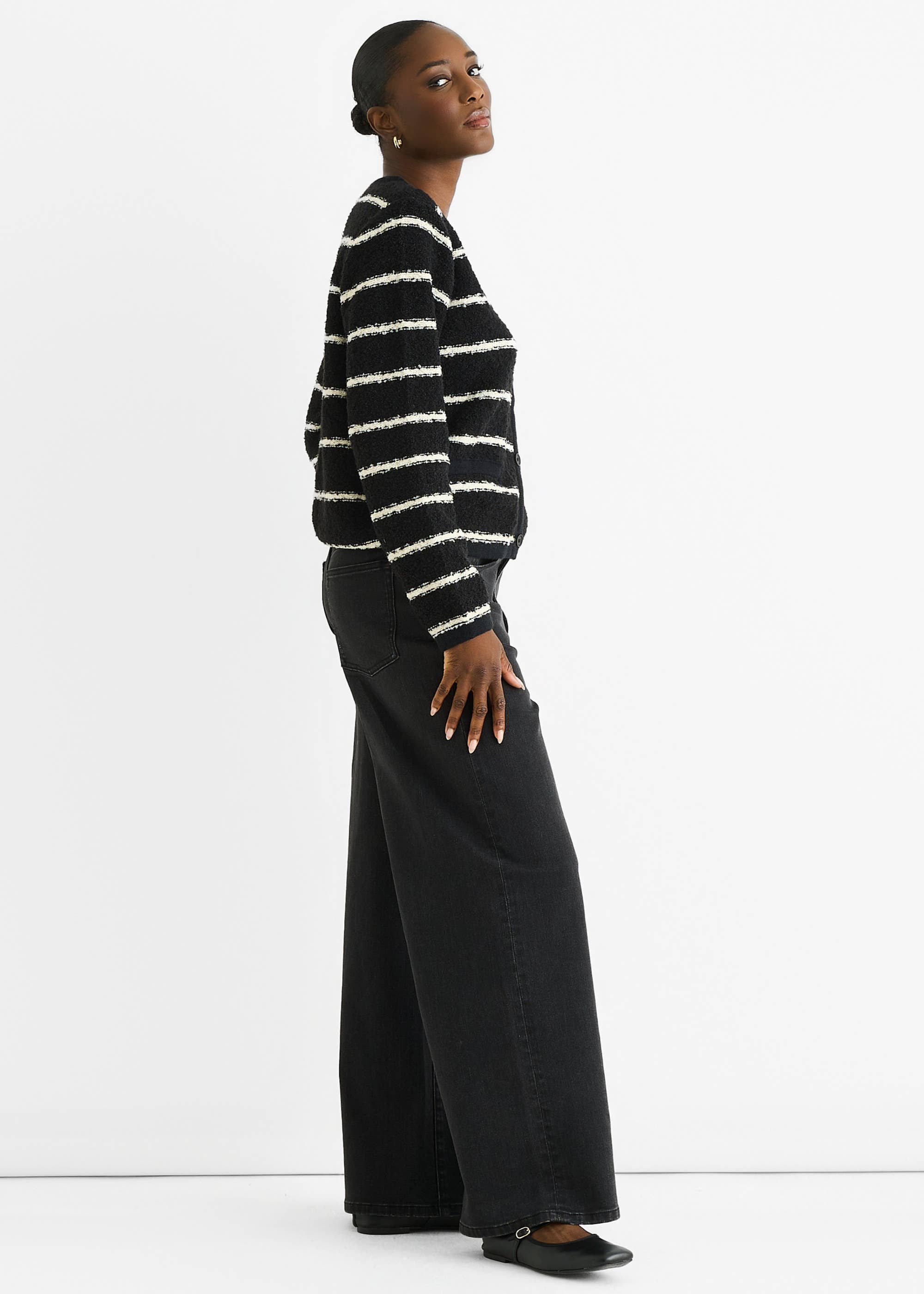 Black Stripe Boucle Recycle Knit Cardigan