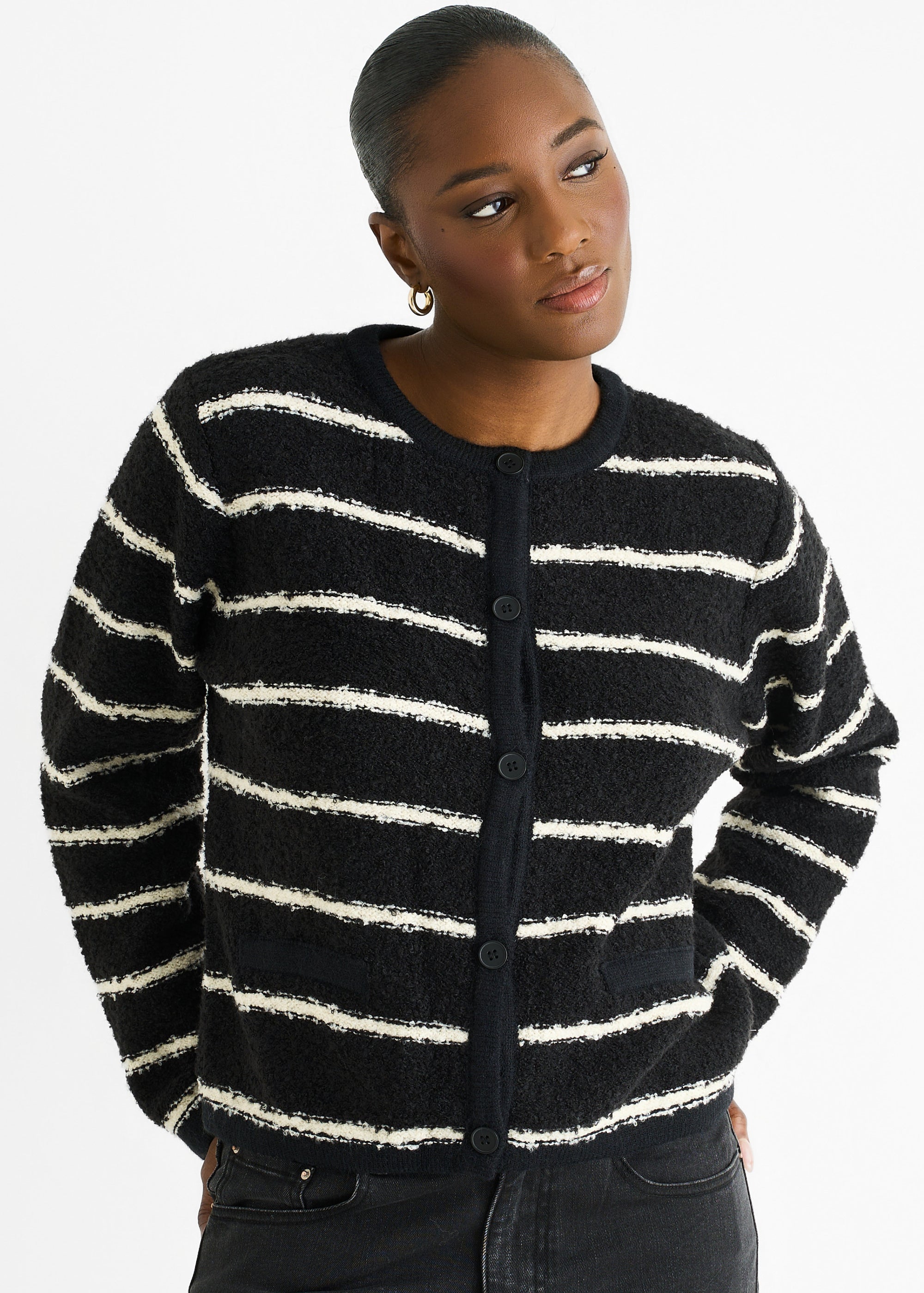 Stripe Boucle Recycle Mix Knit Cardigan