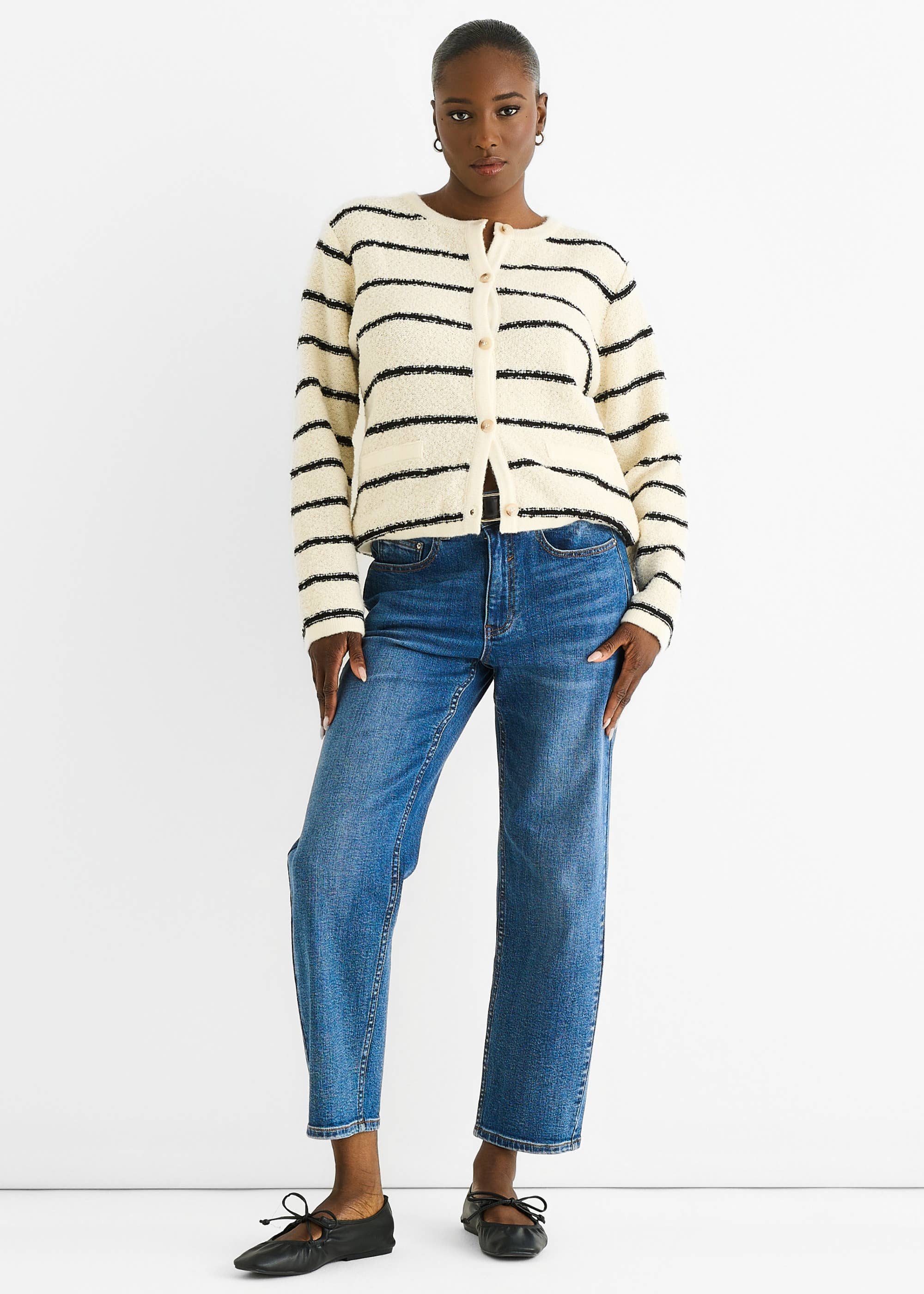 Cream Stripe Boucle Recycle Mix Knit Cardigan