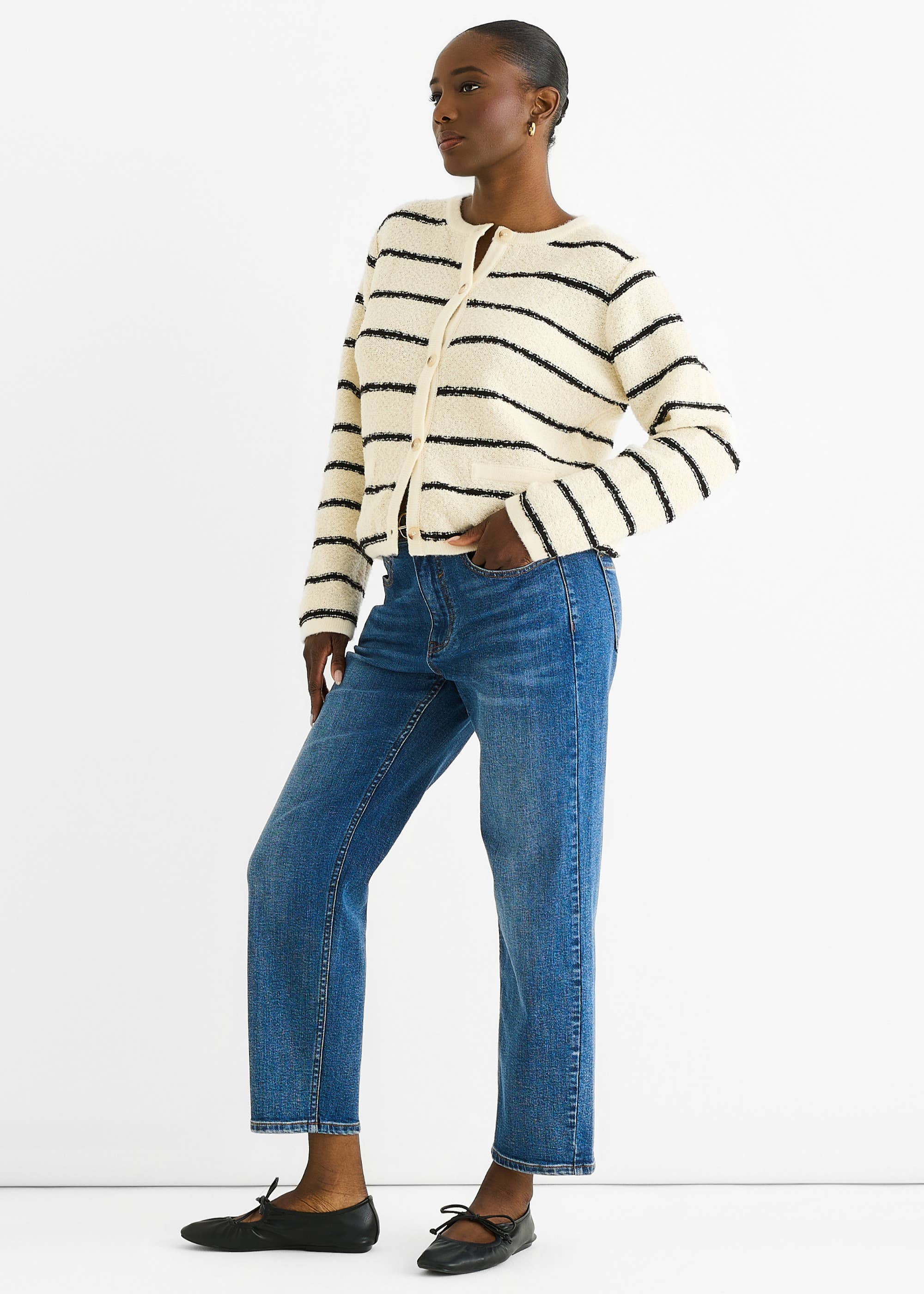 Cream Stripe Boucle Recycle Mix Knit Cardigan