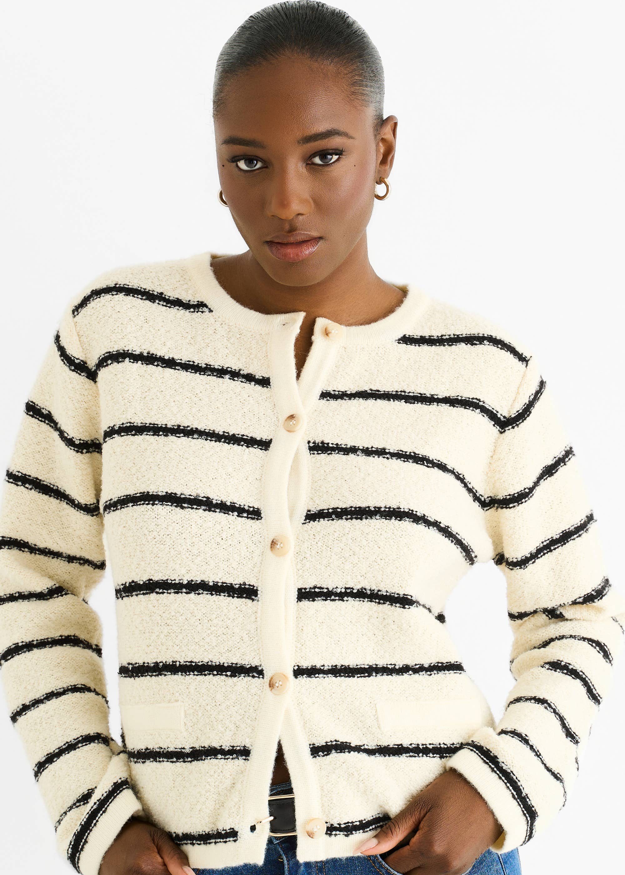 Cream Stripe Boucle Recycle Mix Knit Cardigan