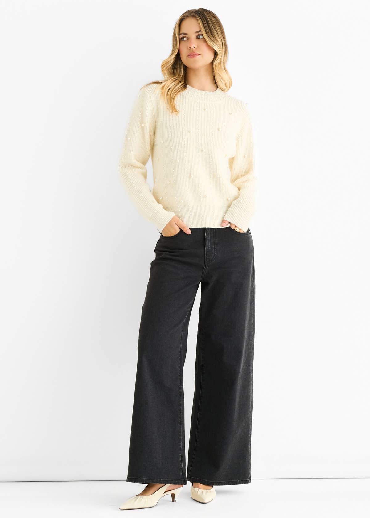 Cream Pearl Studded High Neck Knit Jumper – View 2 | Gini London