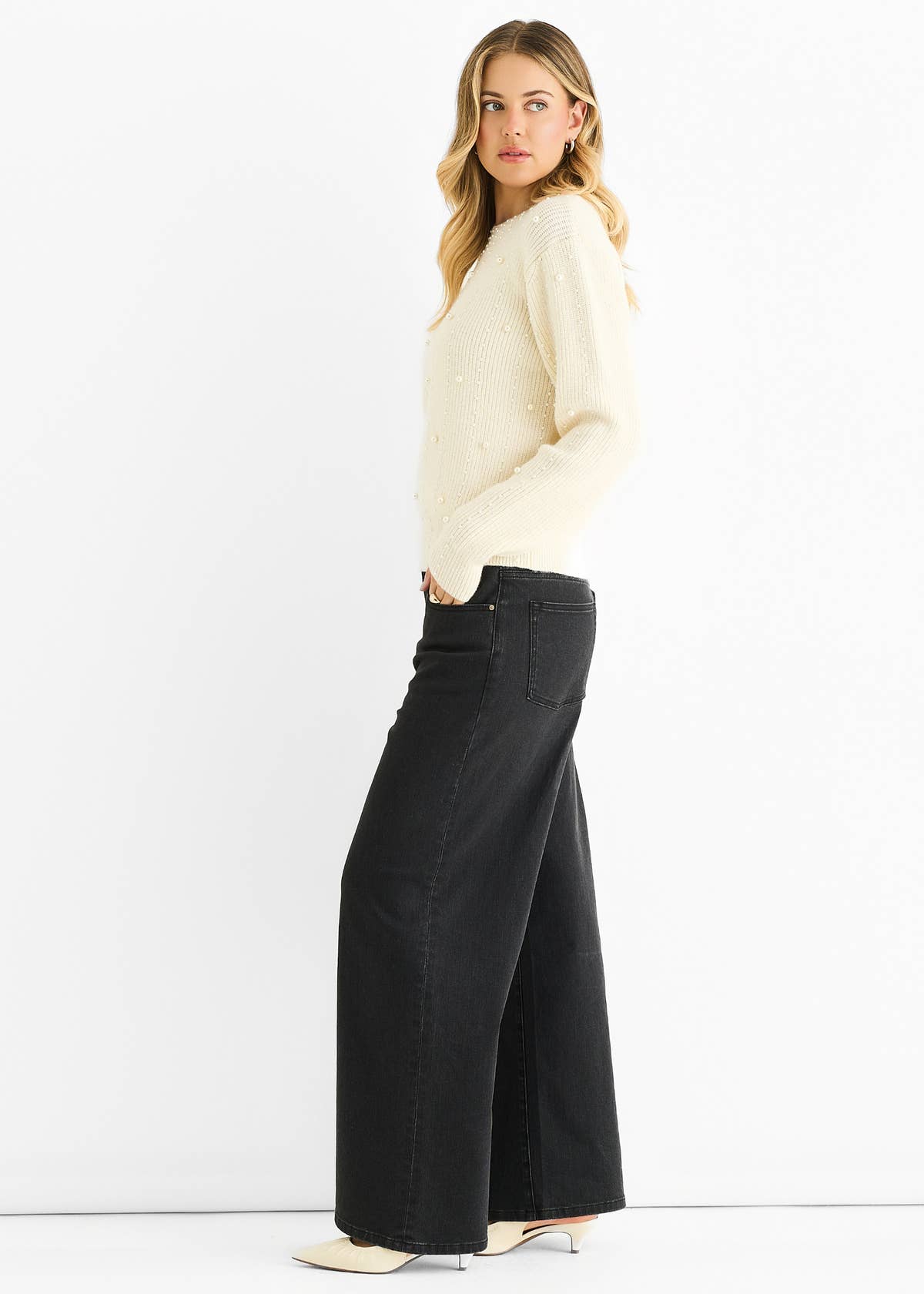 Cream Pearl Studded High Neck Knit Jumper – View 3 | Gini London