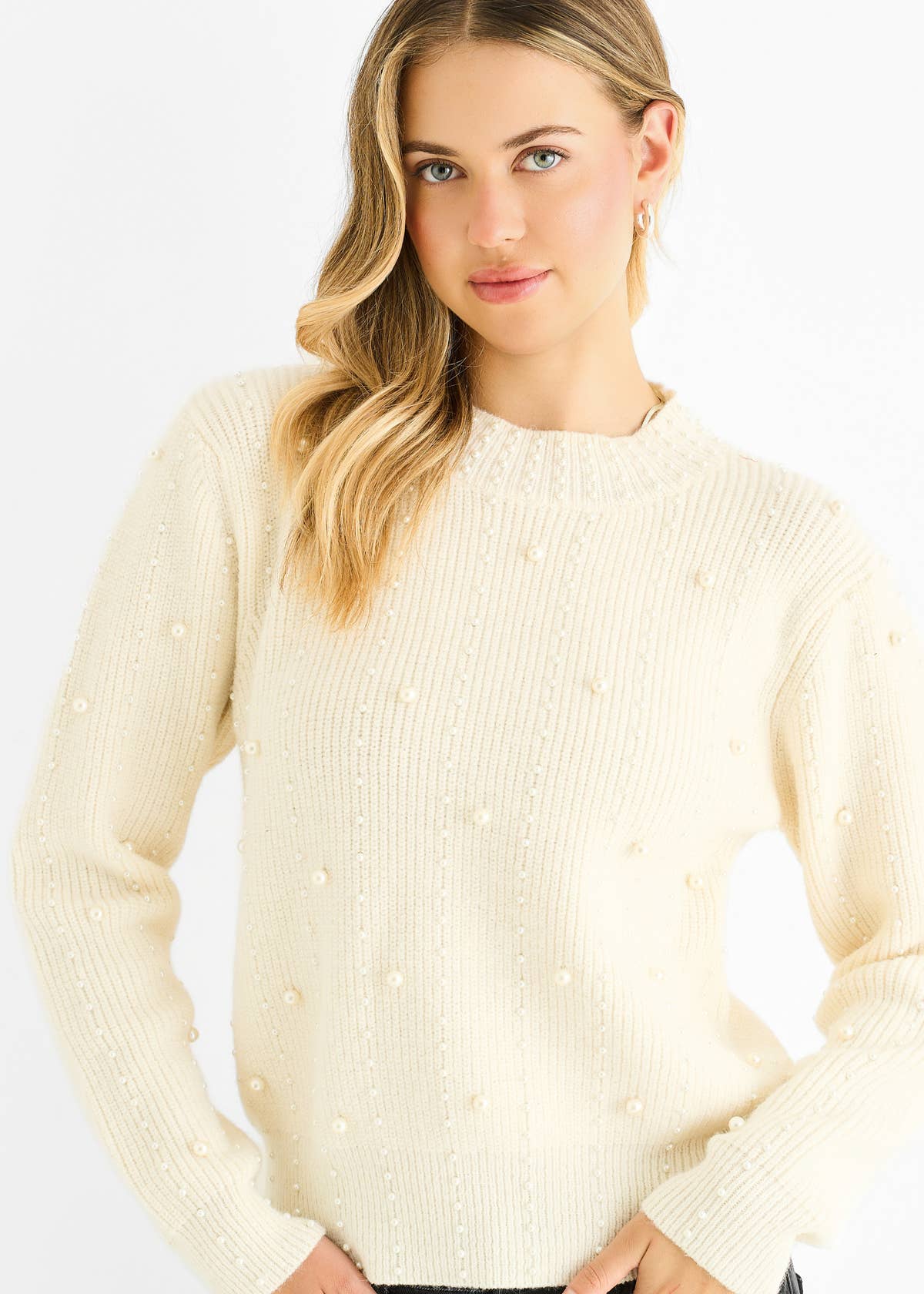 Cream Pearl Studded High Neck Knit Jumper – View 1 | Gini London