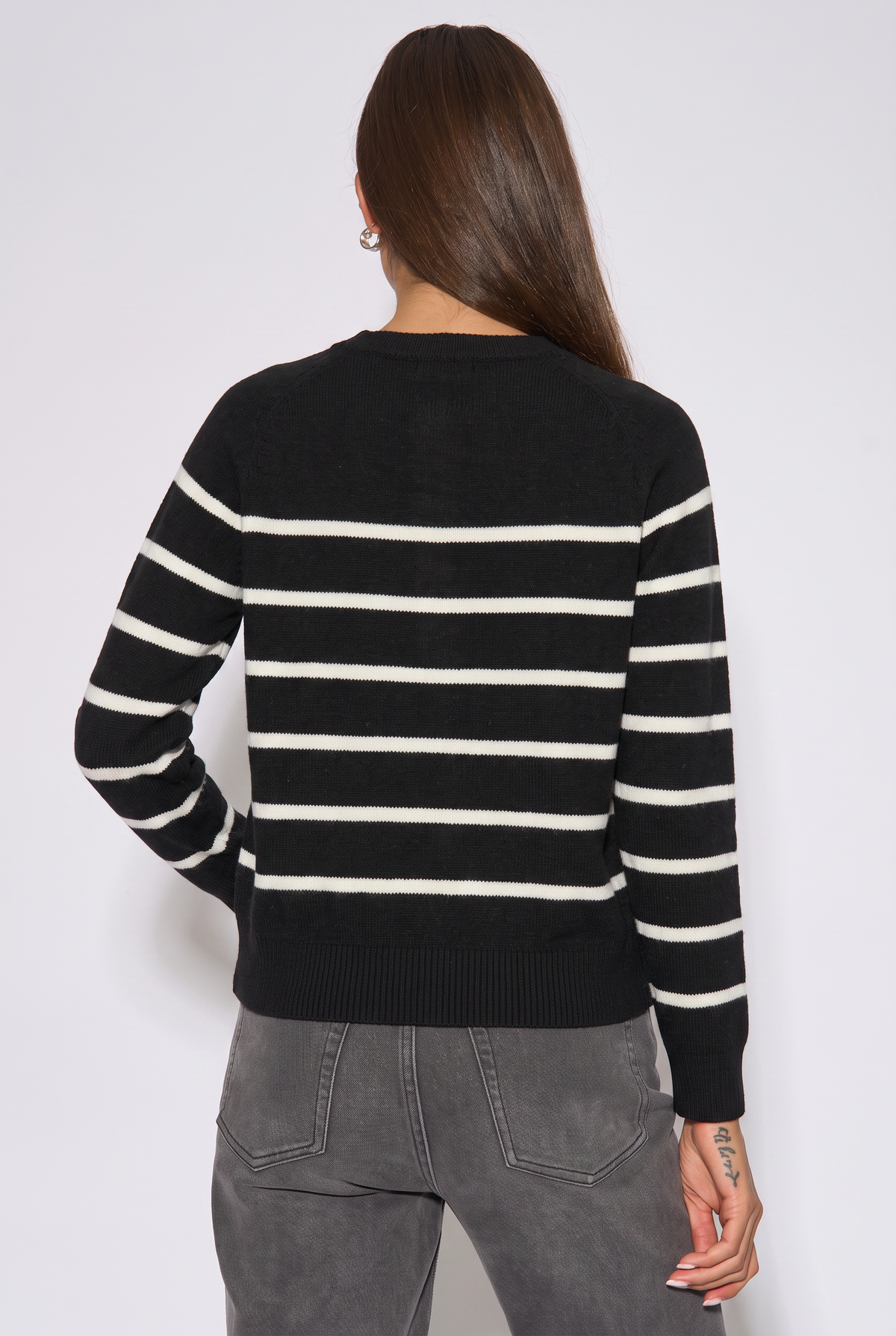 Black Recycle Mix Stripe Button Up Loose Fit Knit Jumper