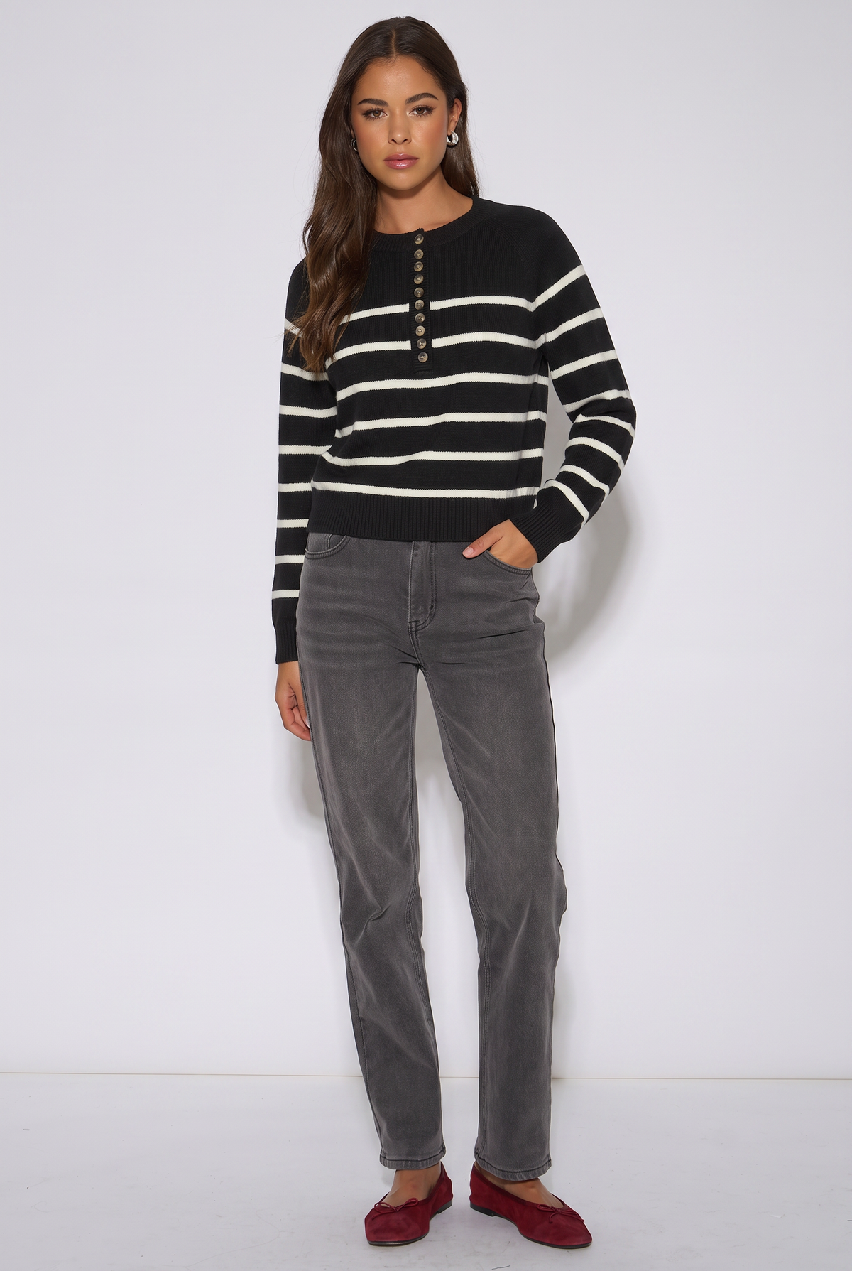 Black Recycle Mix Stripe Button Up Loose Fit Knit Jumper