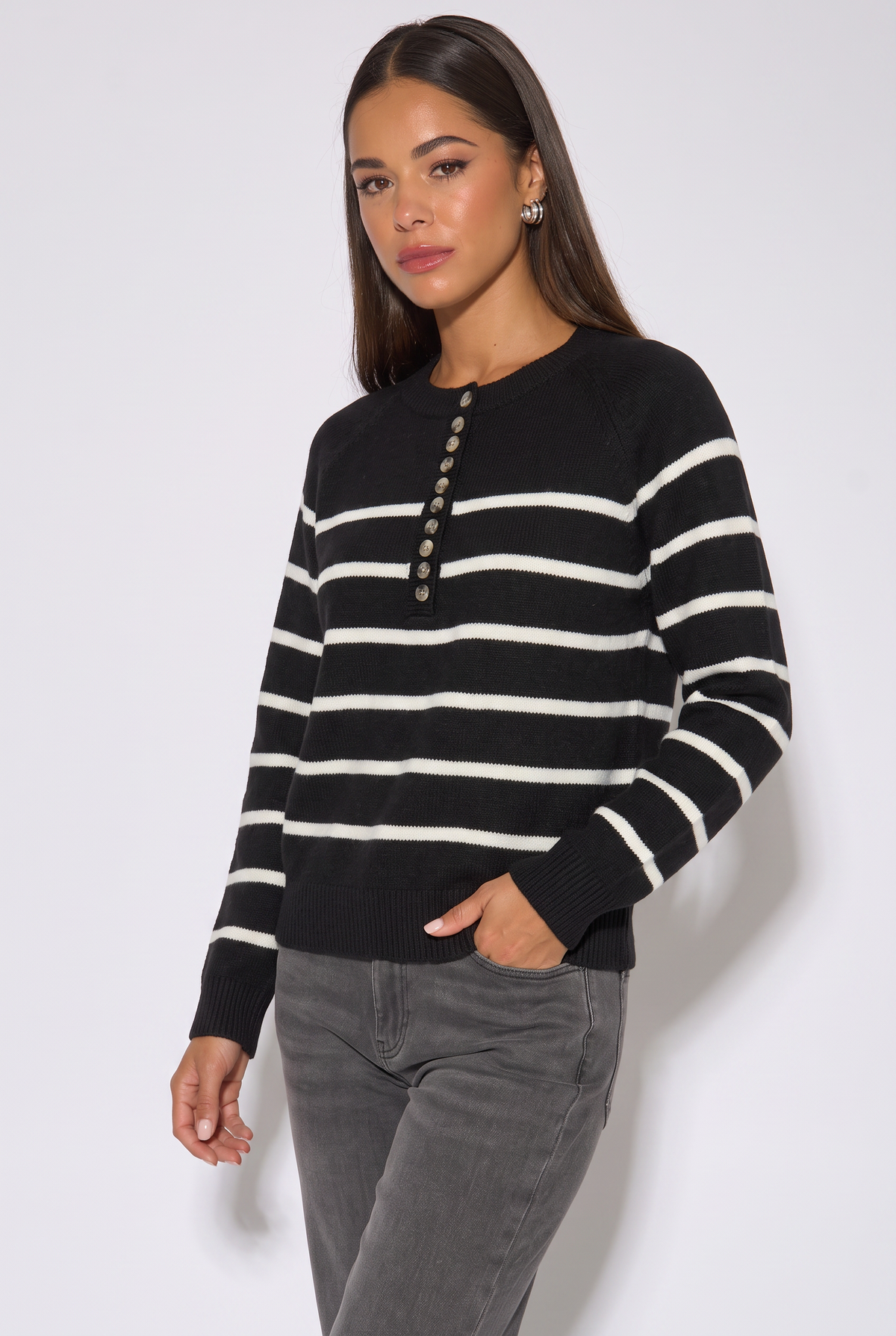 Black Recycle Mix Stripe Button Up Loose Fit Knit Jumper