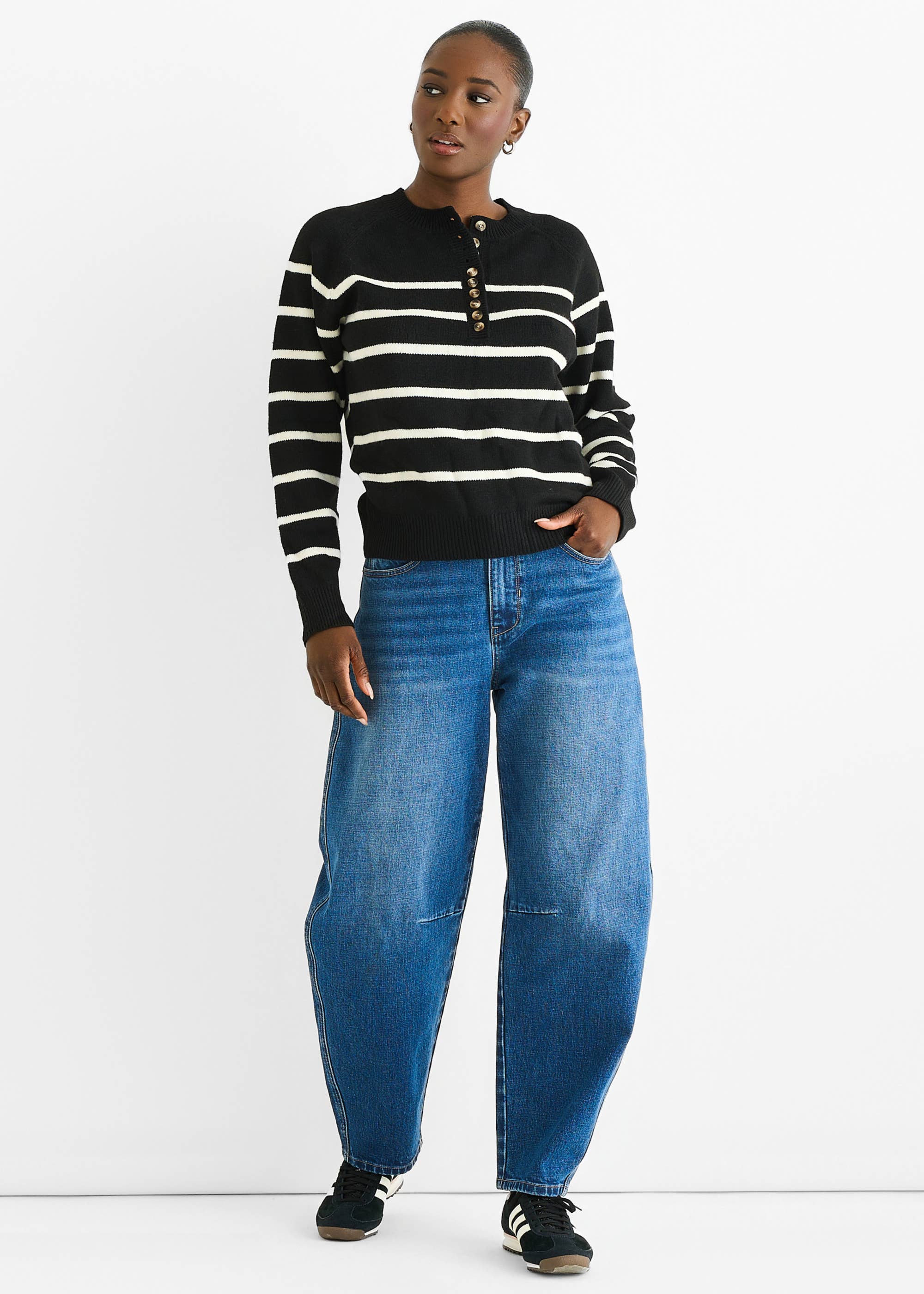 Black Recycle Stripe Button Up Loose Fit Knit Jumper