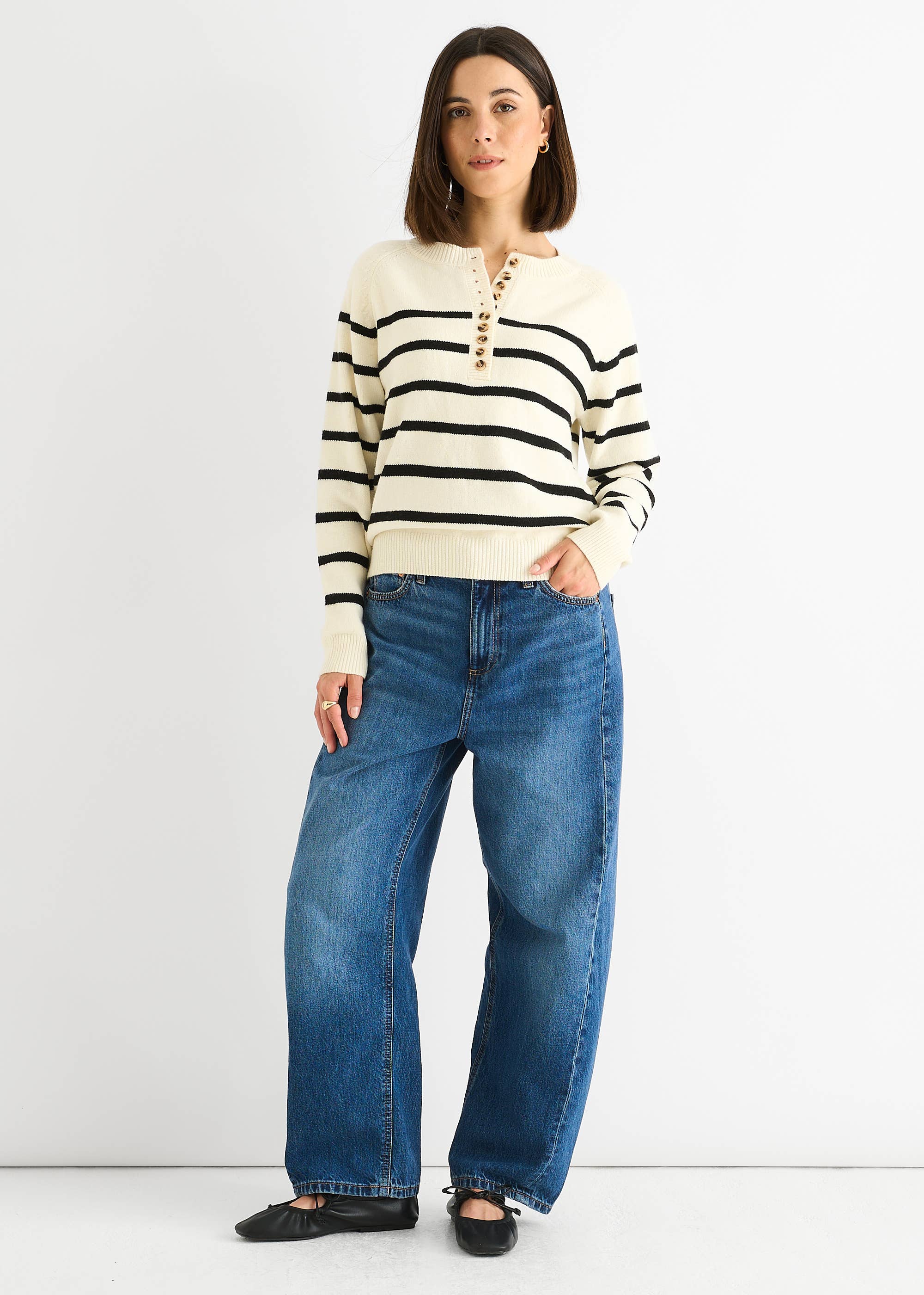 Cream Recycle Stripe Button Up Loose Fit Knit Jumper