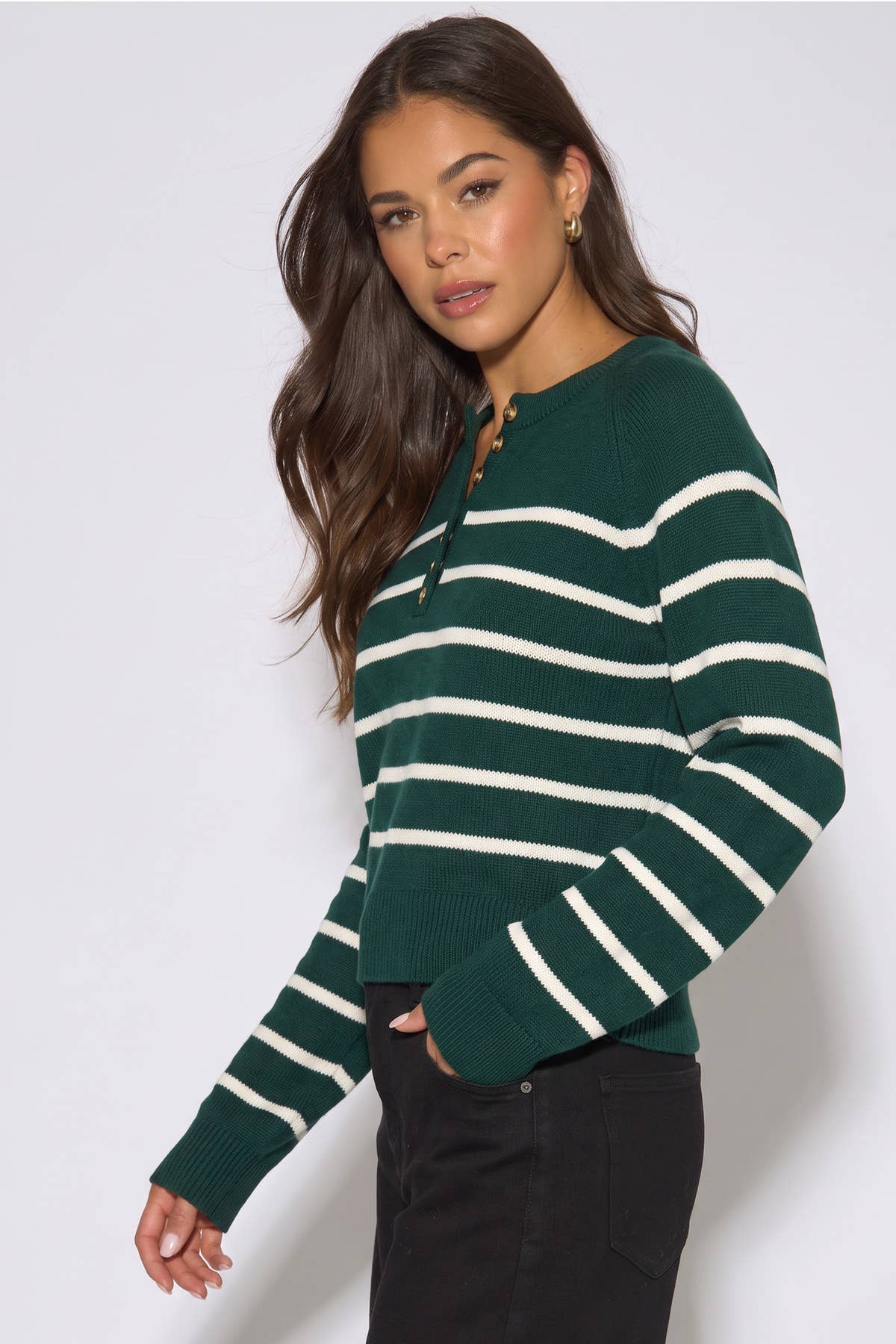 Green Recycle Mix Stripe Button Up Loose Fit Knit Jumper