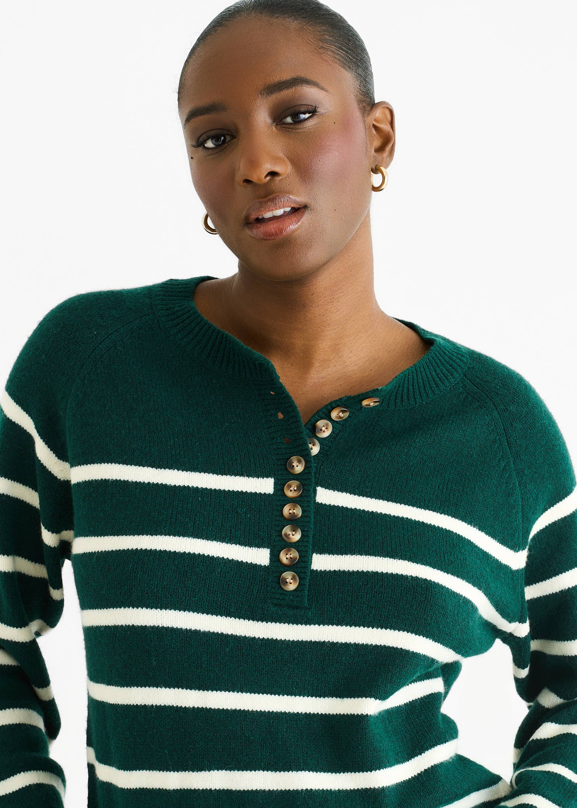 Green Recycle Stripe Button Up Loose Fit Knit Jumper