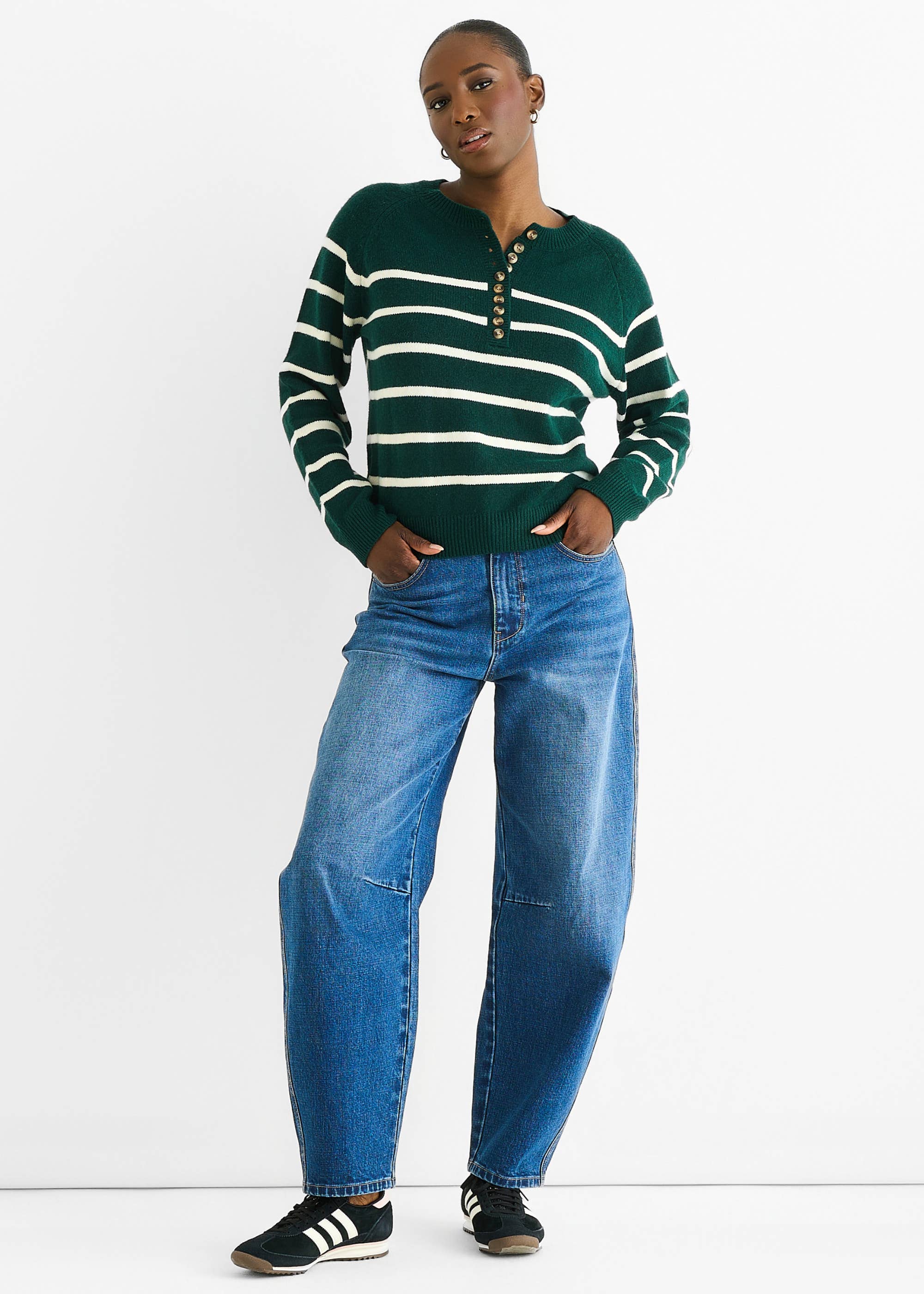 Green Recycle Stripe Button Up Loose Fit Knit Jumper
