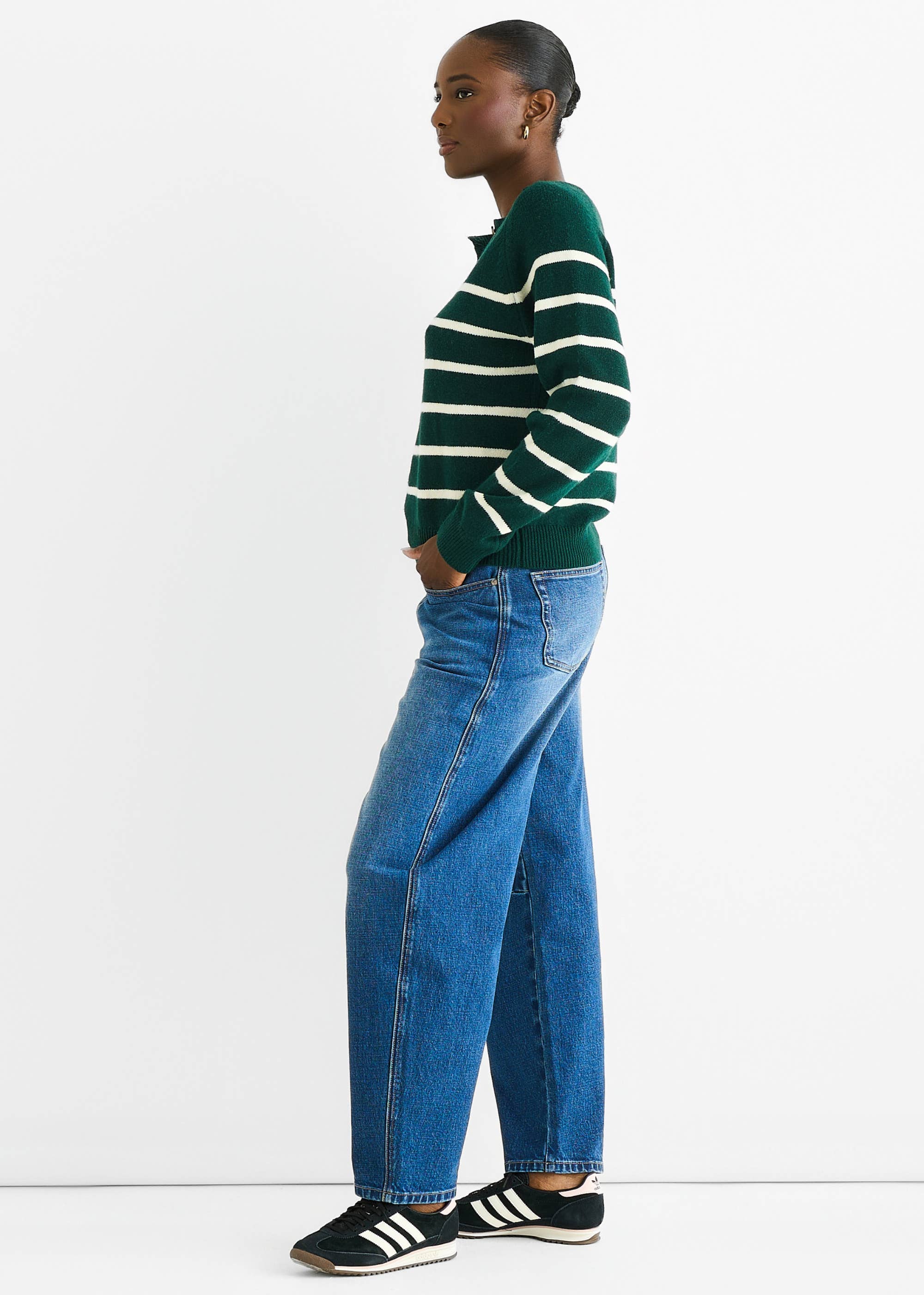Green Recycle Stripe Button Up Loose Fit Knit Jumper