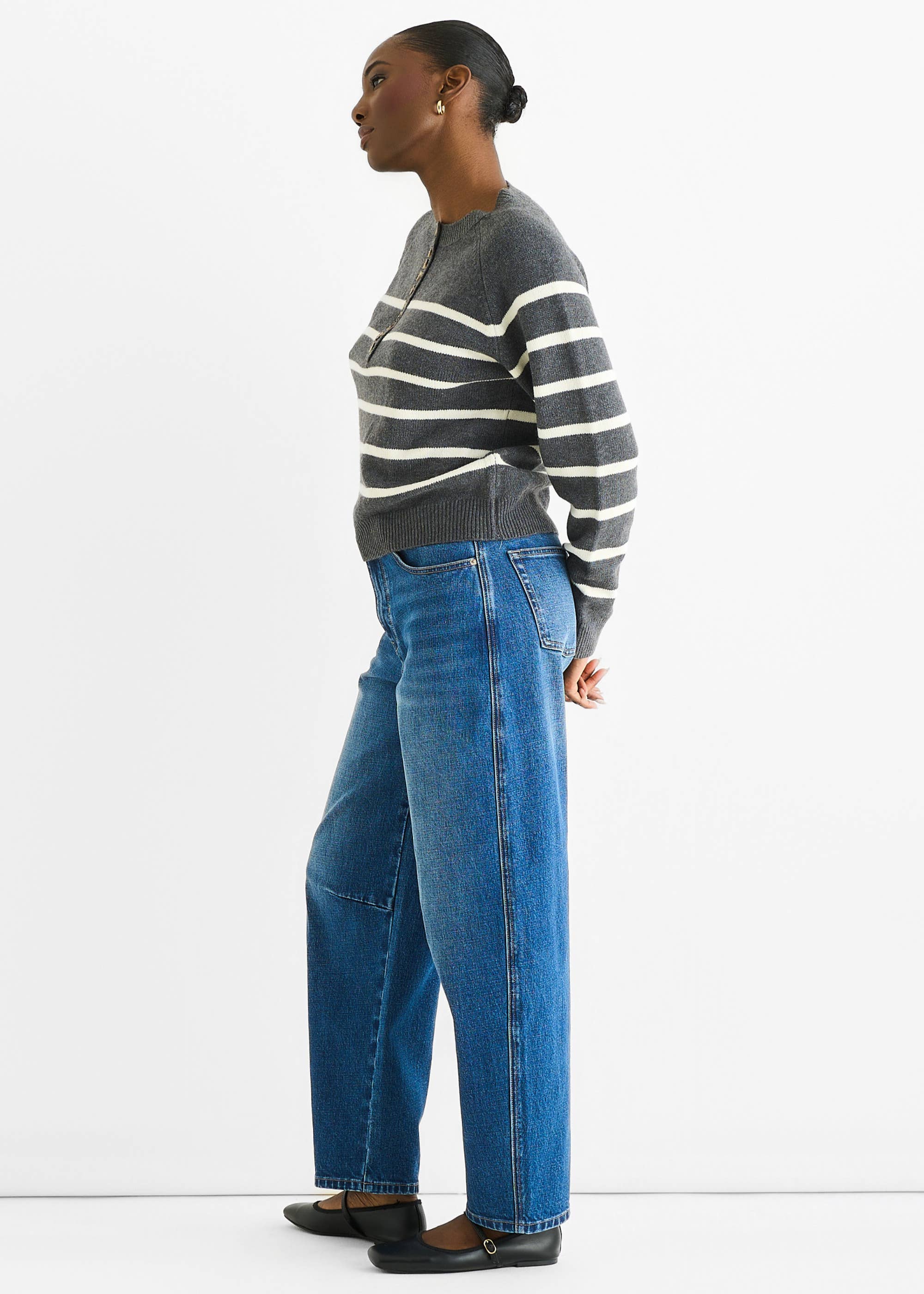 Grey Recycle Stripe Button Up Loose Fit Knit Jumper