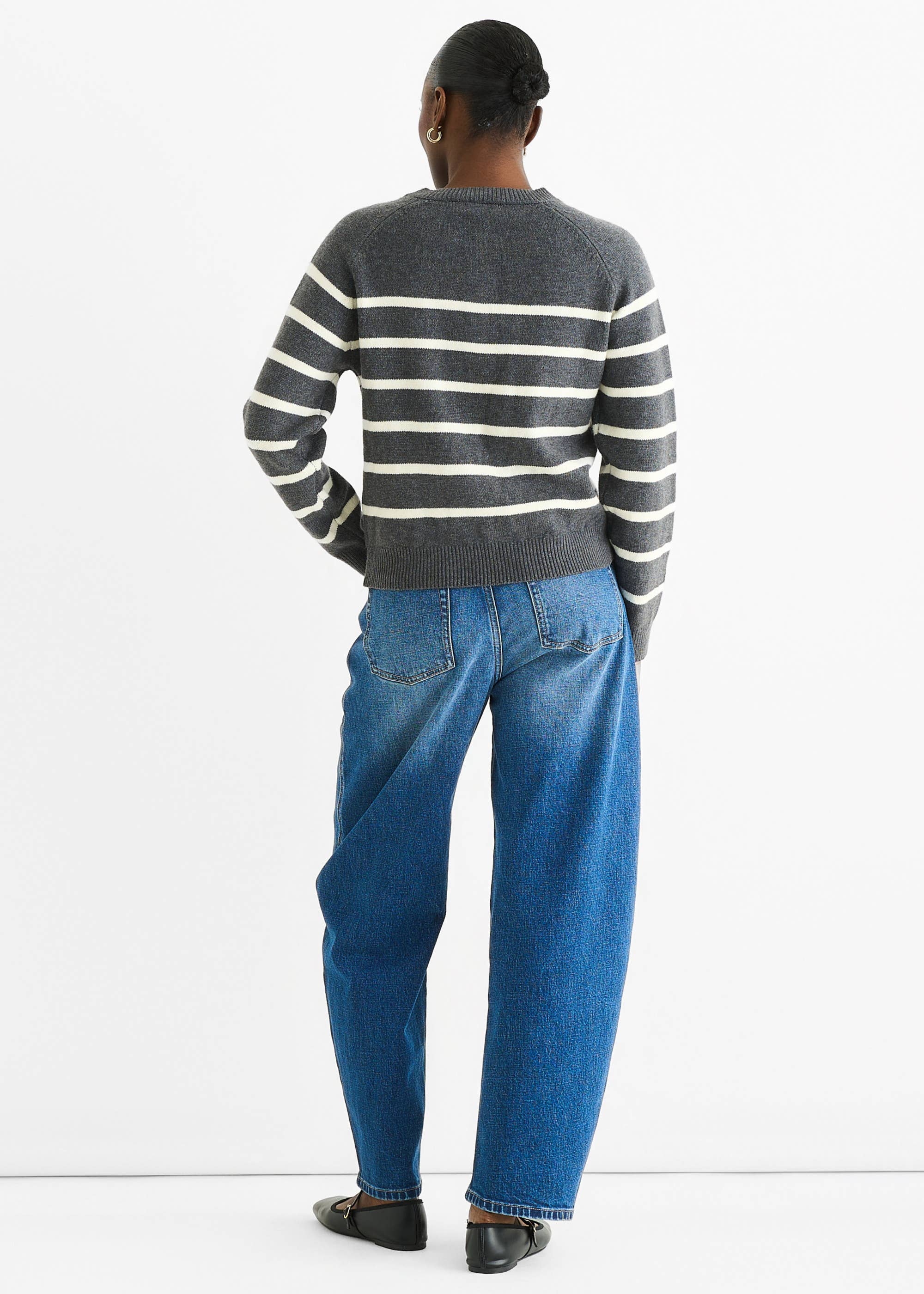Grey Recycle Stripe Button Up Loose Fit Knit Jumper